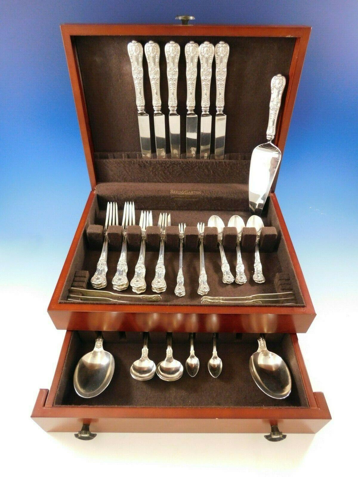 Dinner size English King by Tiffany & Co. sterling silver flatware set, 51 pieces. This impressive set includes:

6 dinner size knives, 10 1/4