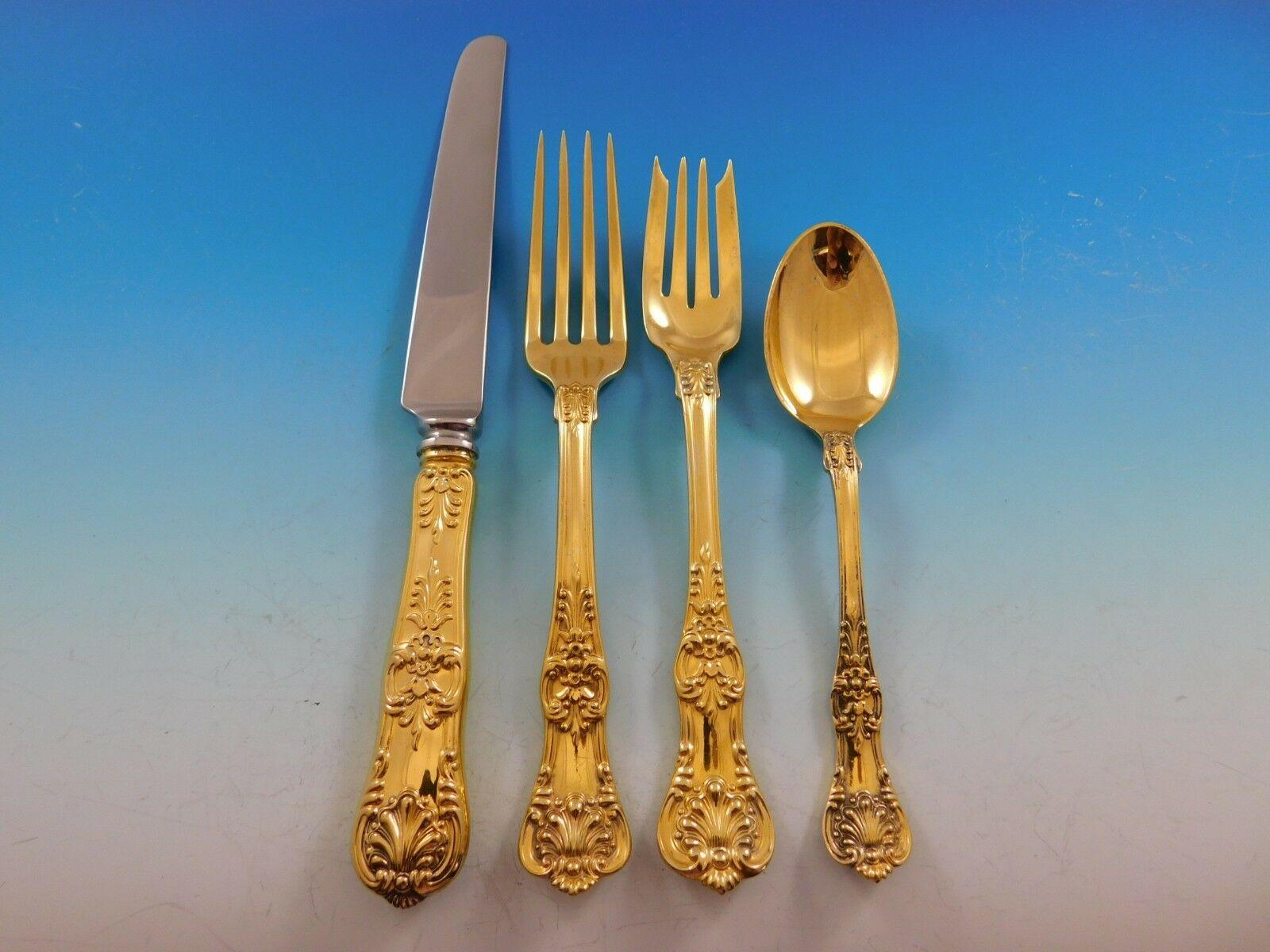 Outstanding English King Vermeil (completely gilded in 24k gold over sterling) by Tiffany sterling silver Flatware set, 48 pieces. This set includes:

8 knives, 9