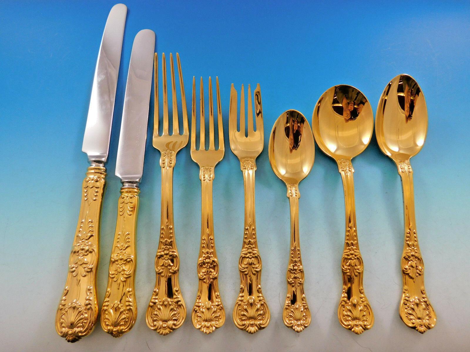 Outstanding English King Vermeil (completely gilded in 24k gold over sterling) by Tiffany sterling silver Flatware set, 64 pieces. This set includes:

8 dinner size knives, 10 1/4
