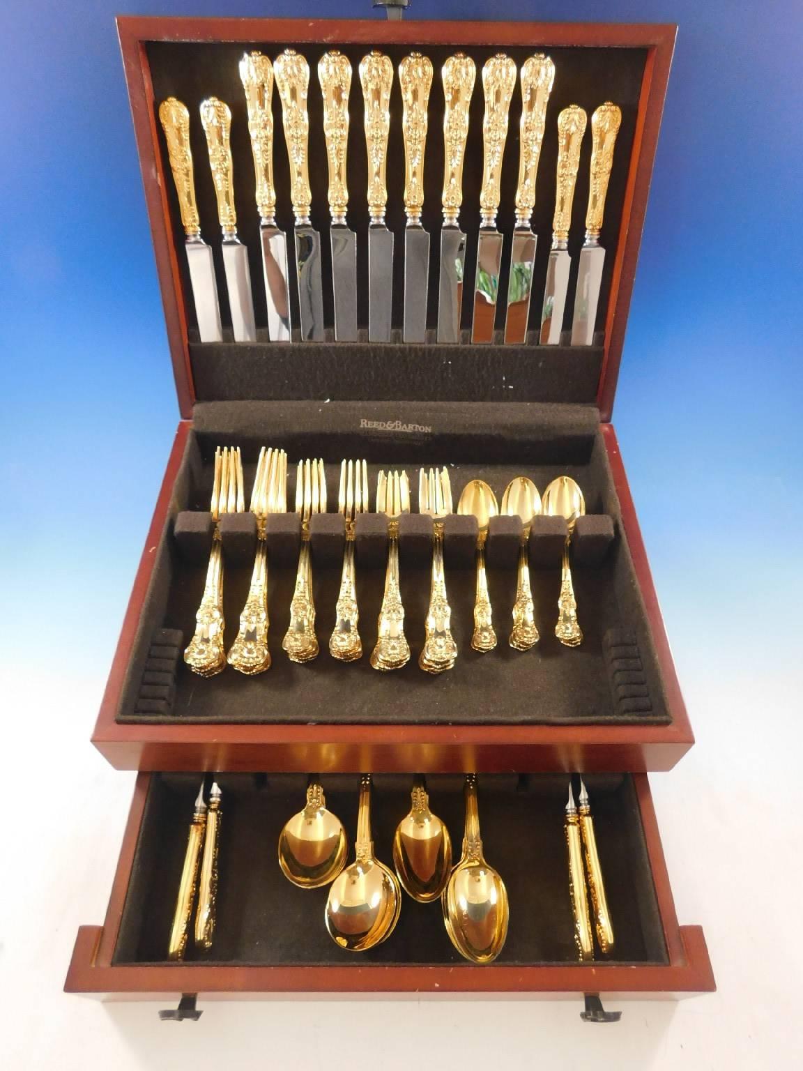 Outstanding English King Vermeil (completely gilded in 24-karat gold over sterling) by Tiffany sterling silver flatware set of 64 pieces. This set includes:

Eight dinner size knives, 10 1/4