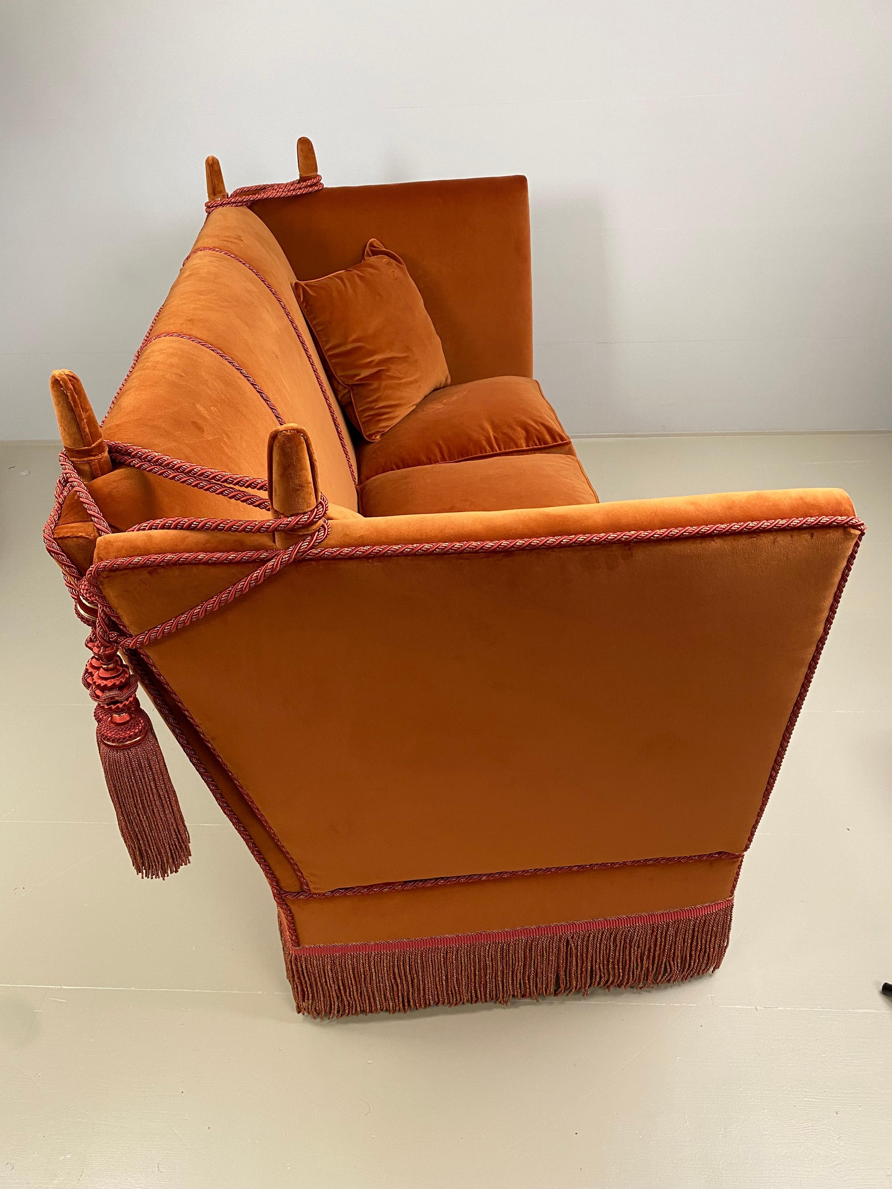Mid Century Modern, 3 seater Knoll Drop Arm Sofa in velvet orange, England. For Sale 1