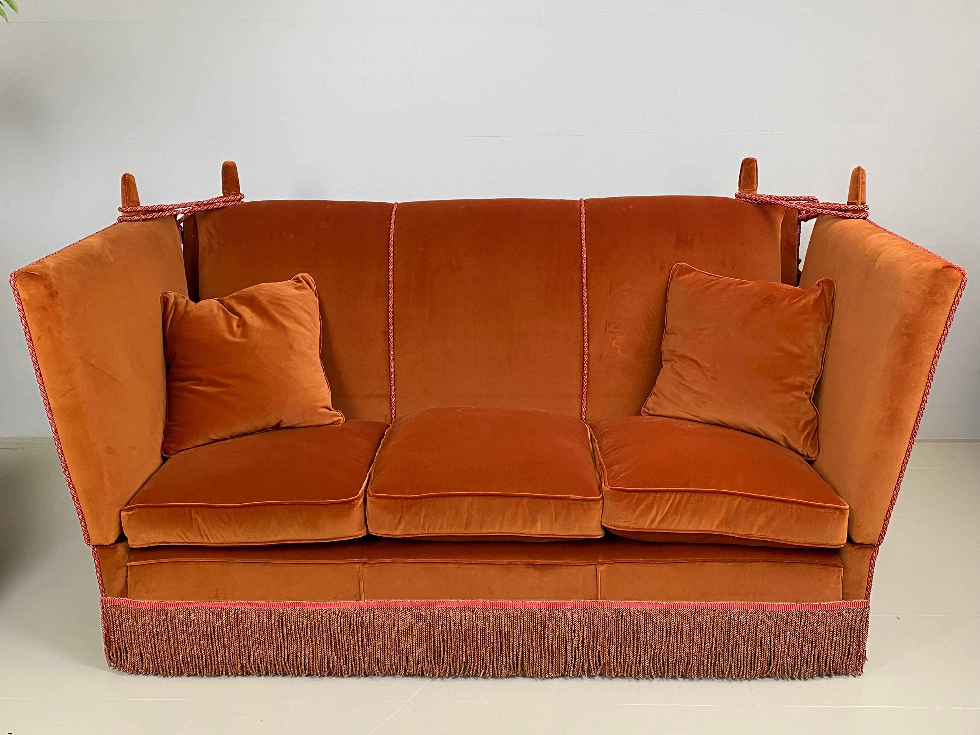 Mid Century Modern, 3 seater Knoll Drop Arm Sofa in velvet orange, England. For Sale 6