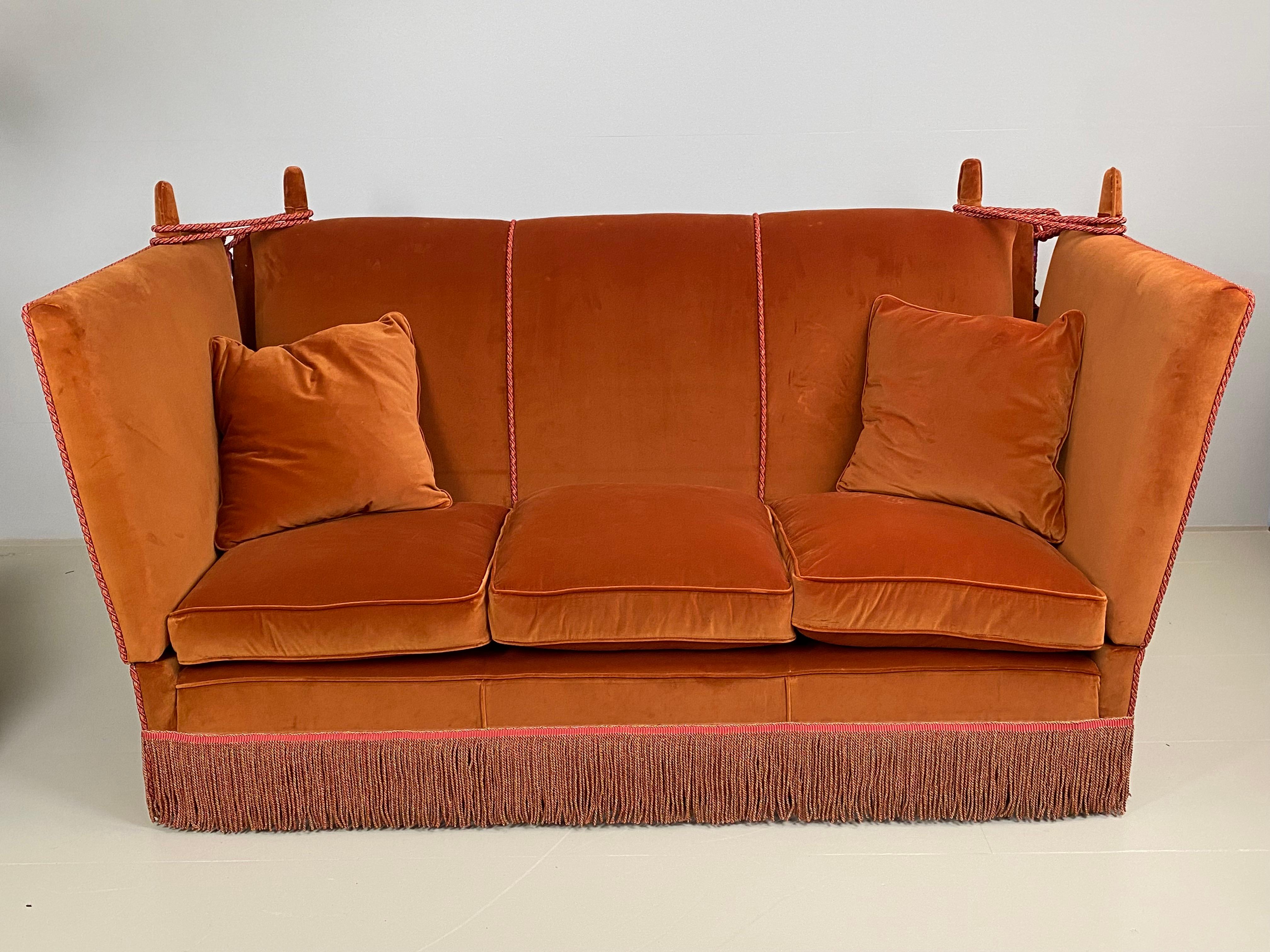 Mid Century Modern, 3 seater Knoll Drop Arm Sofa in velvet orange, England. For Sale 8