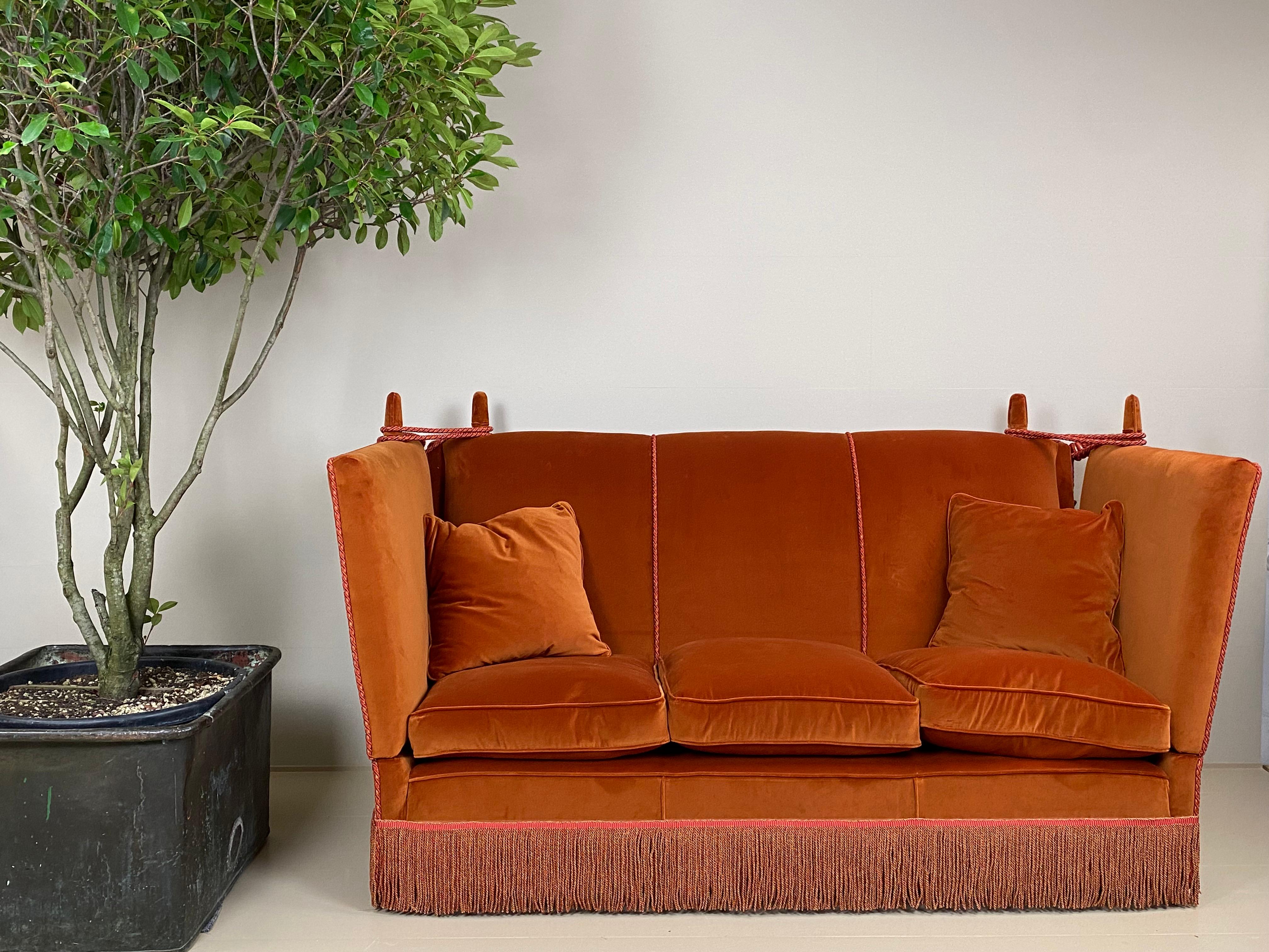Mid Century Modern, 3 seater Knoll Drop Arm Sofa in velvet orange, England. For Sale 9