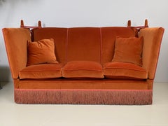 Mid Century Modern, 3 seater Knoll Drop Arm Sofa in velvet orange, England.
