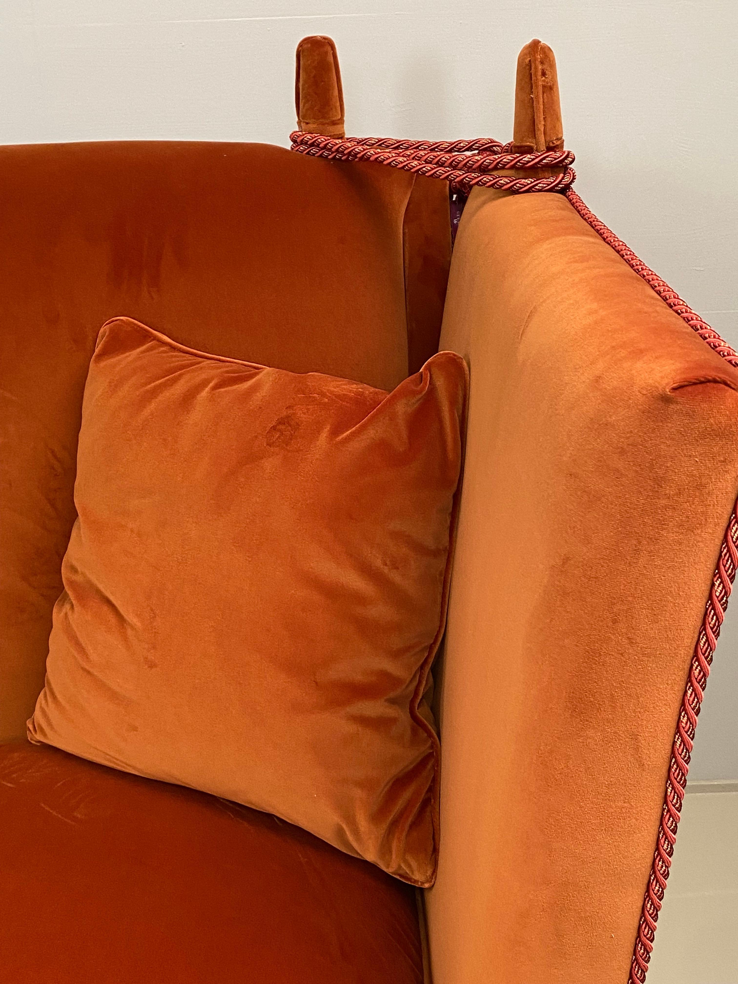 English Mid Century Modern, 3 seater Knoll Drop Arm Sofa in velvet orange, England. For Sale