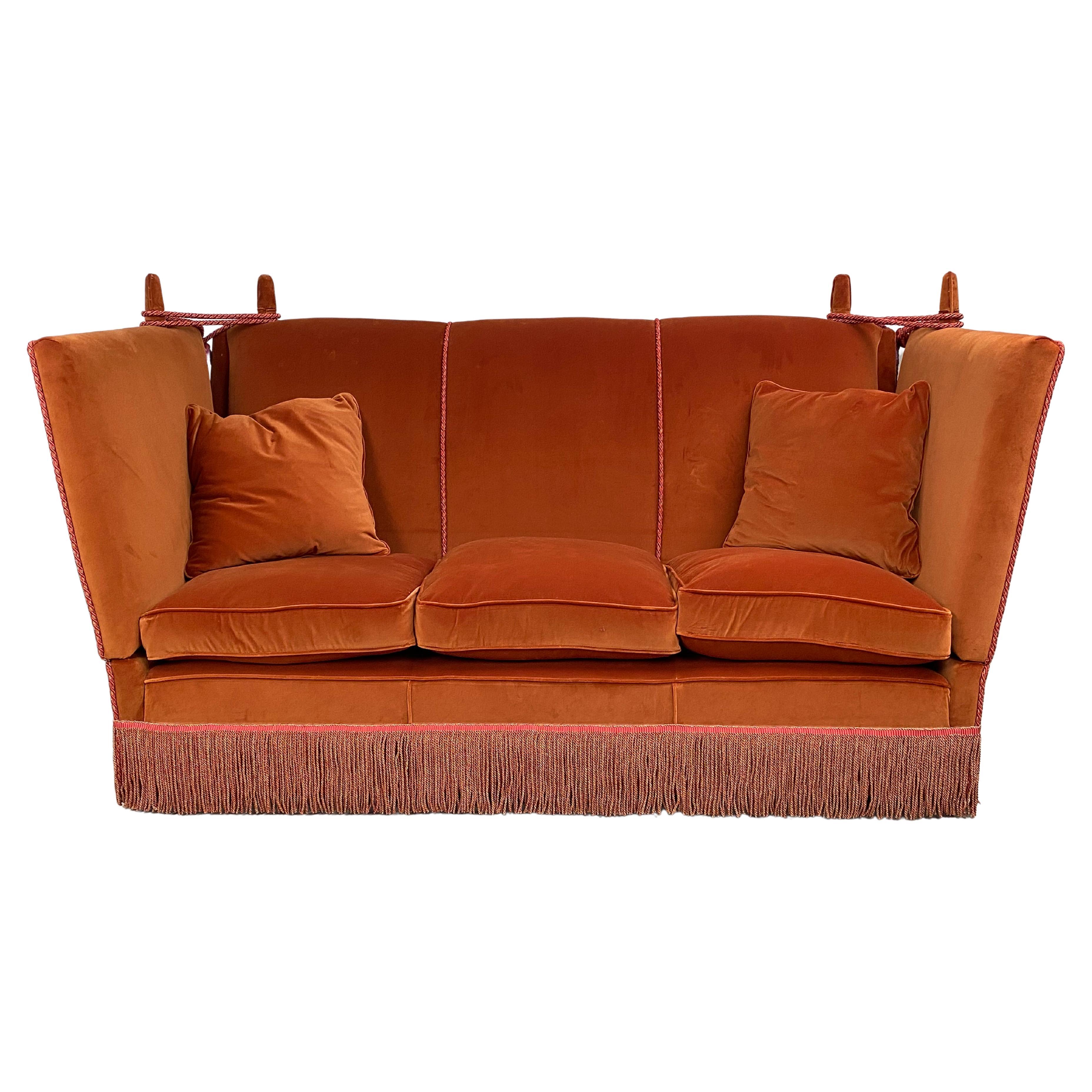 Mid Century Modern, 3 seater Knoll Drop Arm Sofa in velvet orange, England.