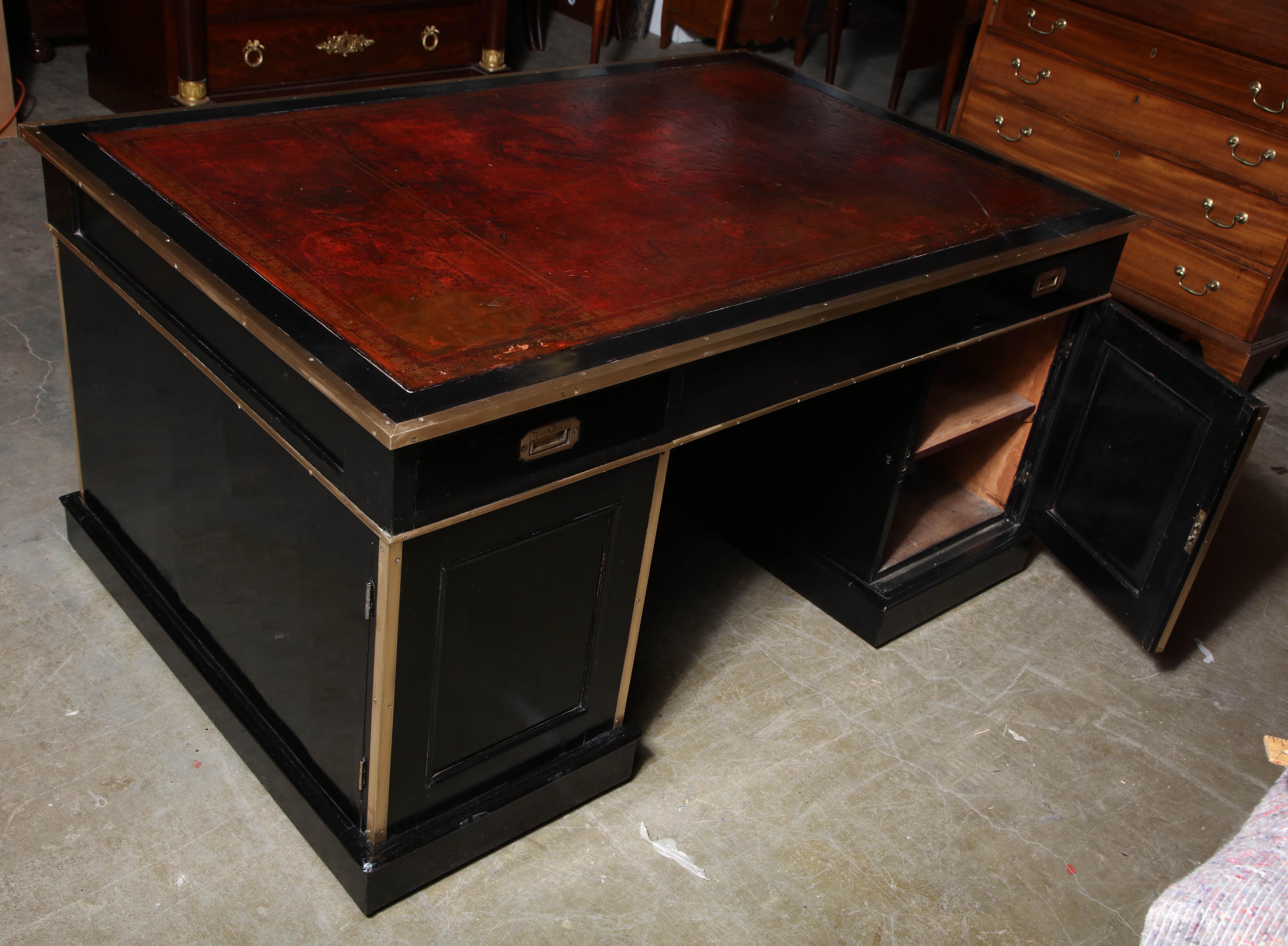 English Lacquered Campaign Style Partners Desk 6