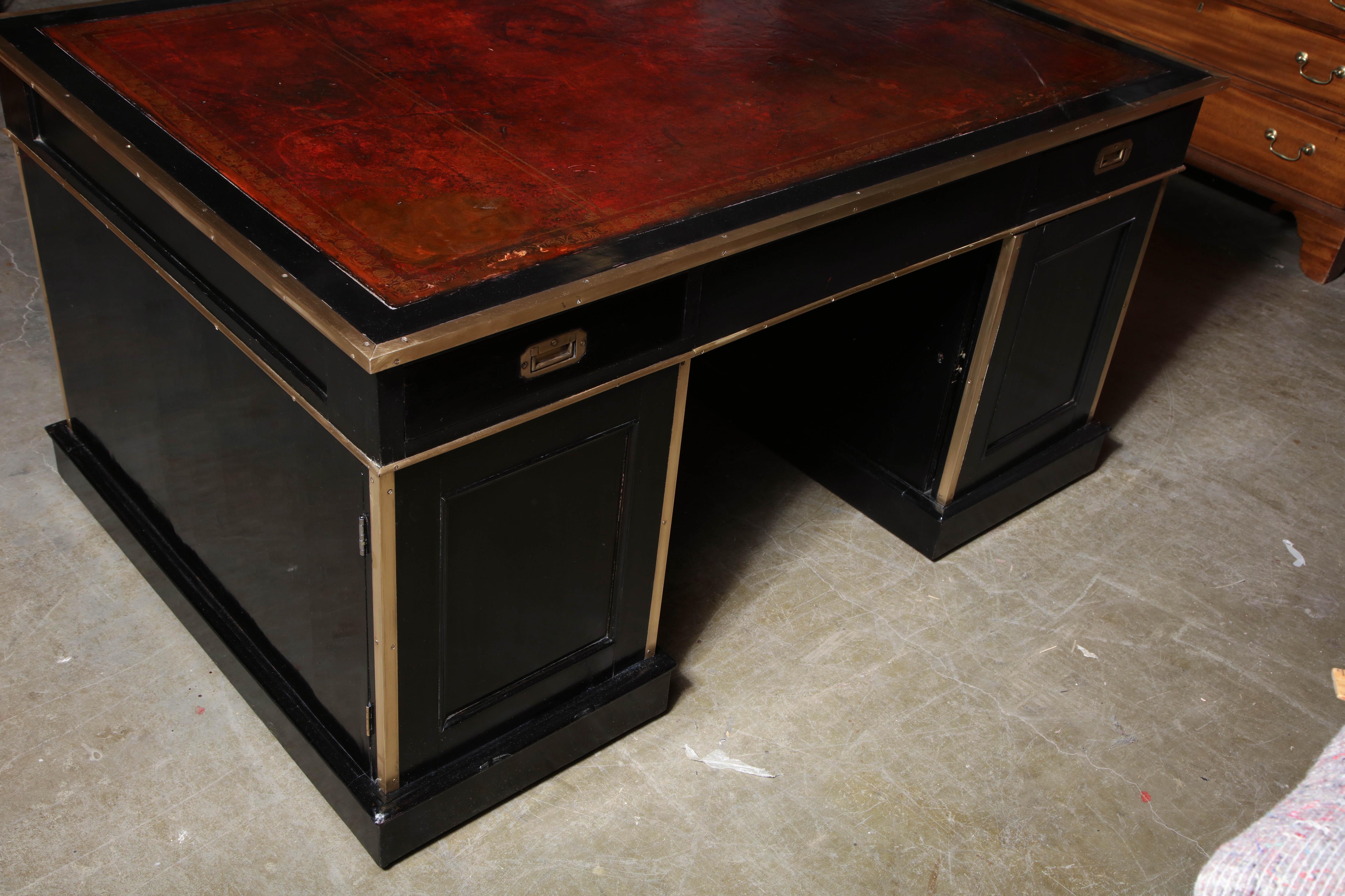 English Lacquered Campaign Style Partners Desk 7