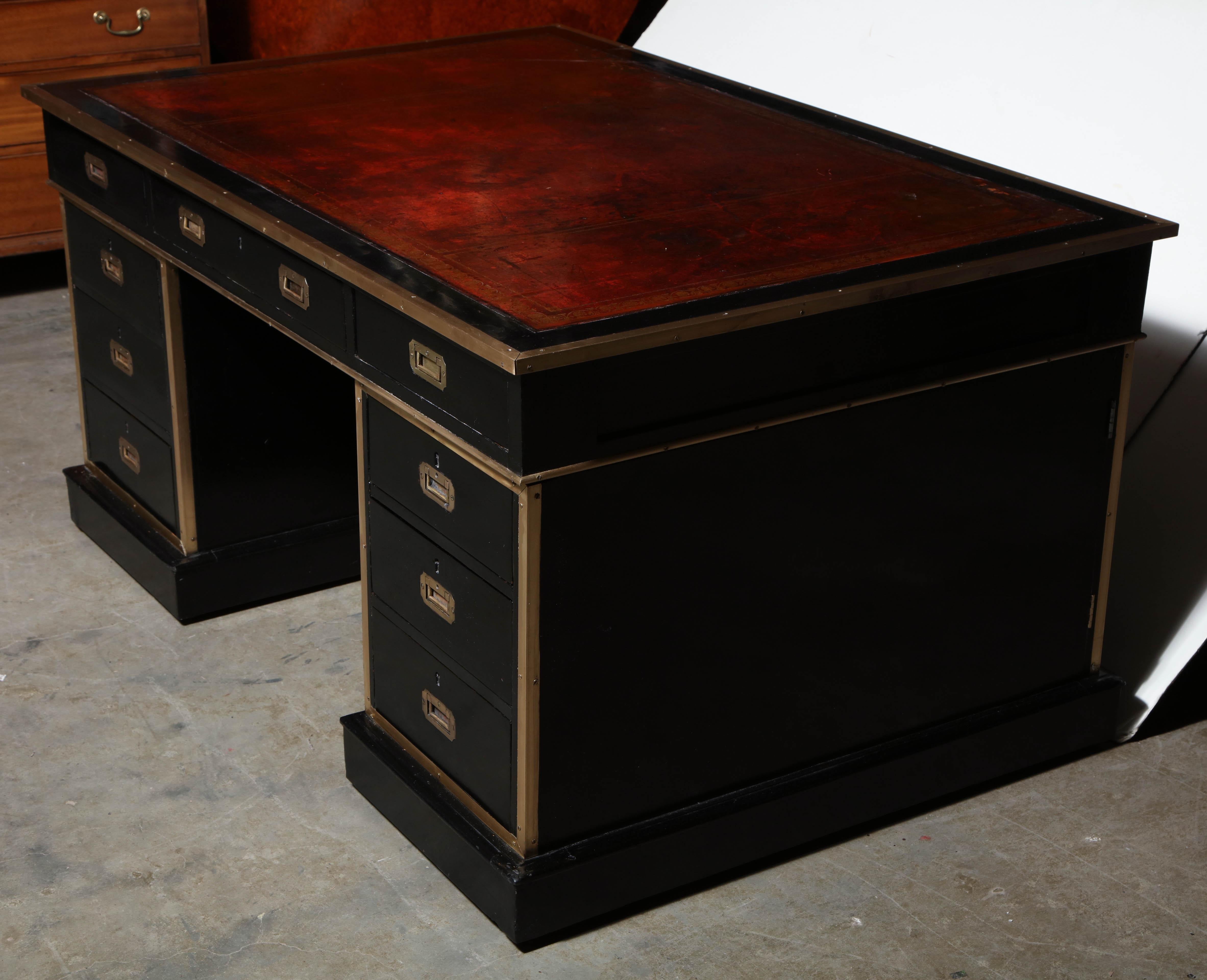 English Lacquered Campaign Style Partners Desk 2