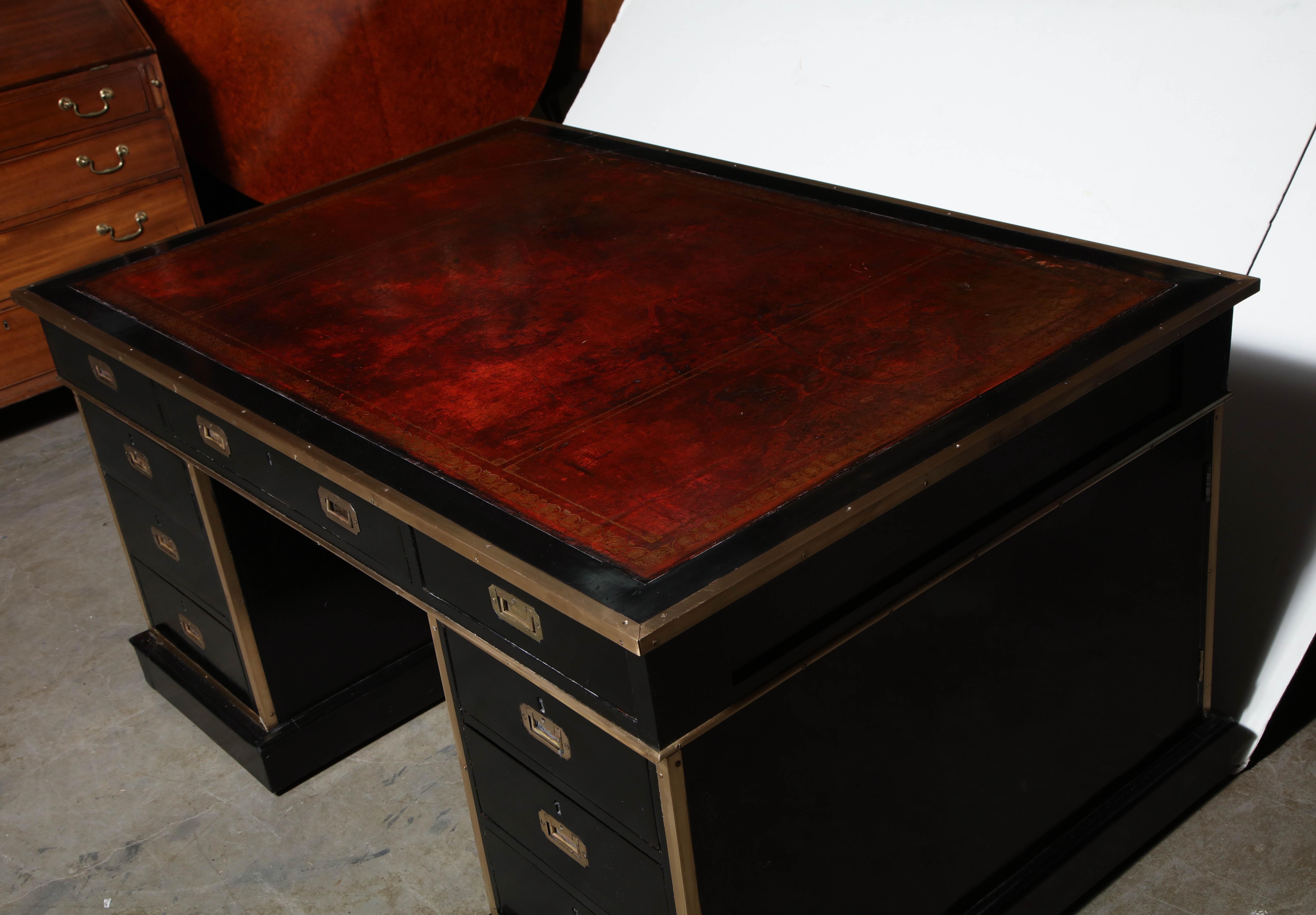 English Lacquered Campaign Style Partners Desk 3