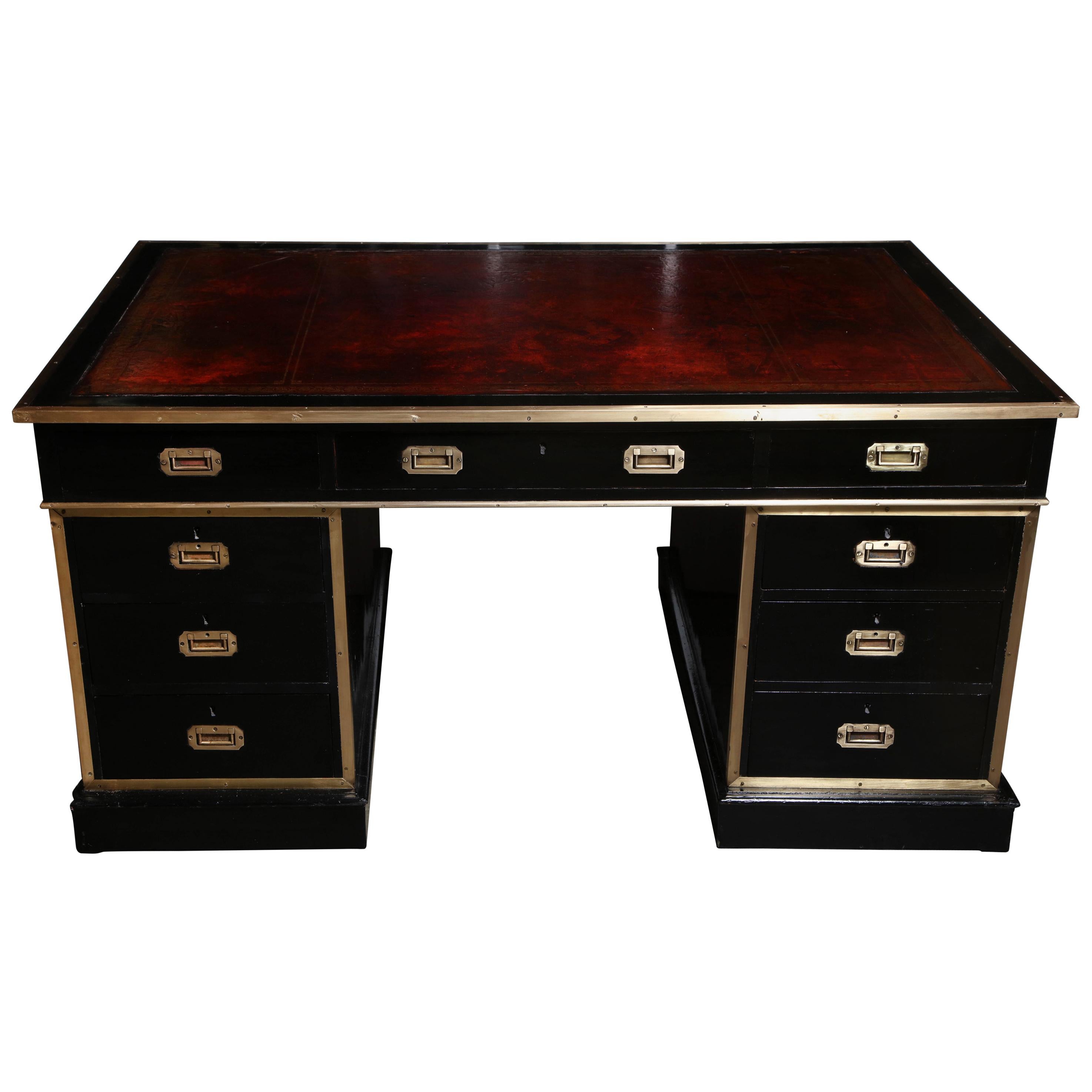 English Lacquered Campaign Style Partners Desk