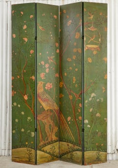 English Lacquered Chinoiserie Revival Four Panel Floor Screen