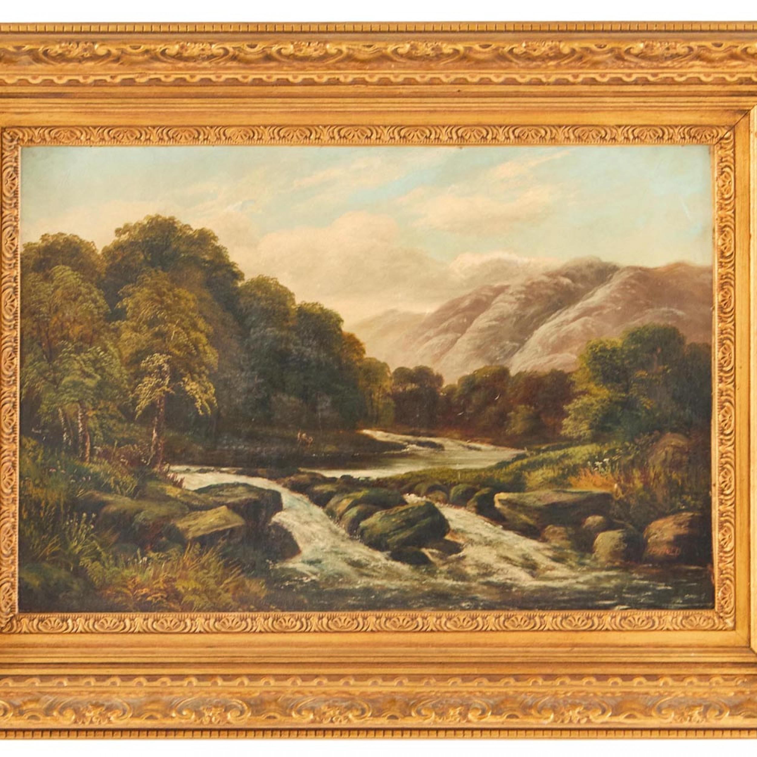 Paesaggio inglese vittoriano (XIX/XX secolo) di una scena di montagna con una foresta e un fiume. Olio su tela.
