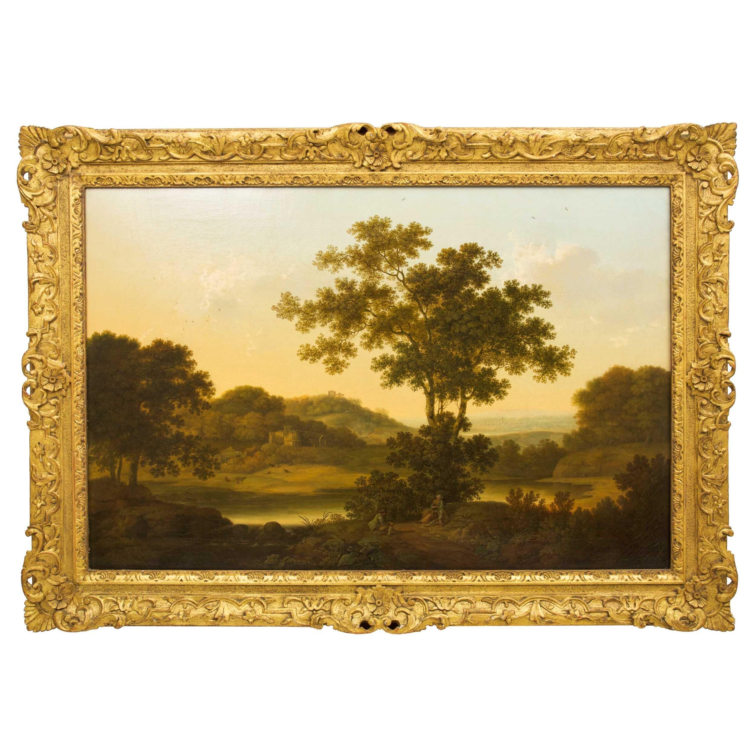 An exquisite sweeping view of a vast English countryside, this fine landscape painting by George Smith of Chichester captures three travelers at rest under the shade of trees along the banks of a river tumbling over rocks as it pools to the right