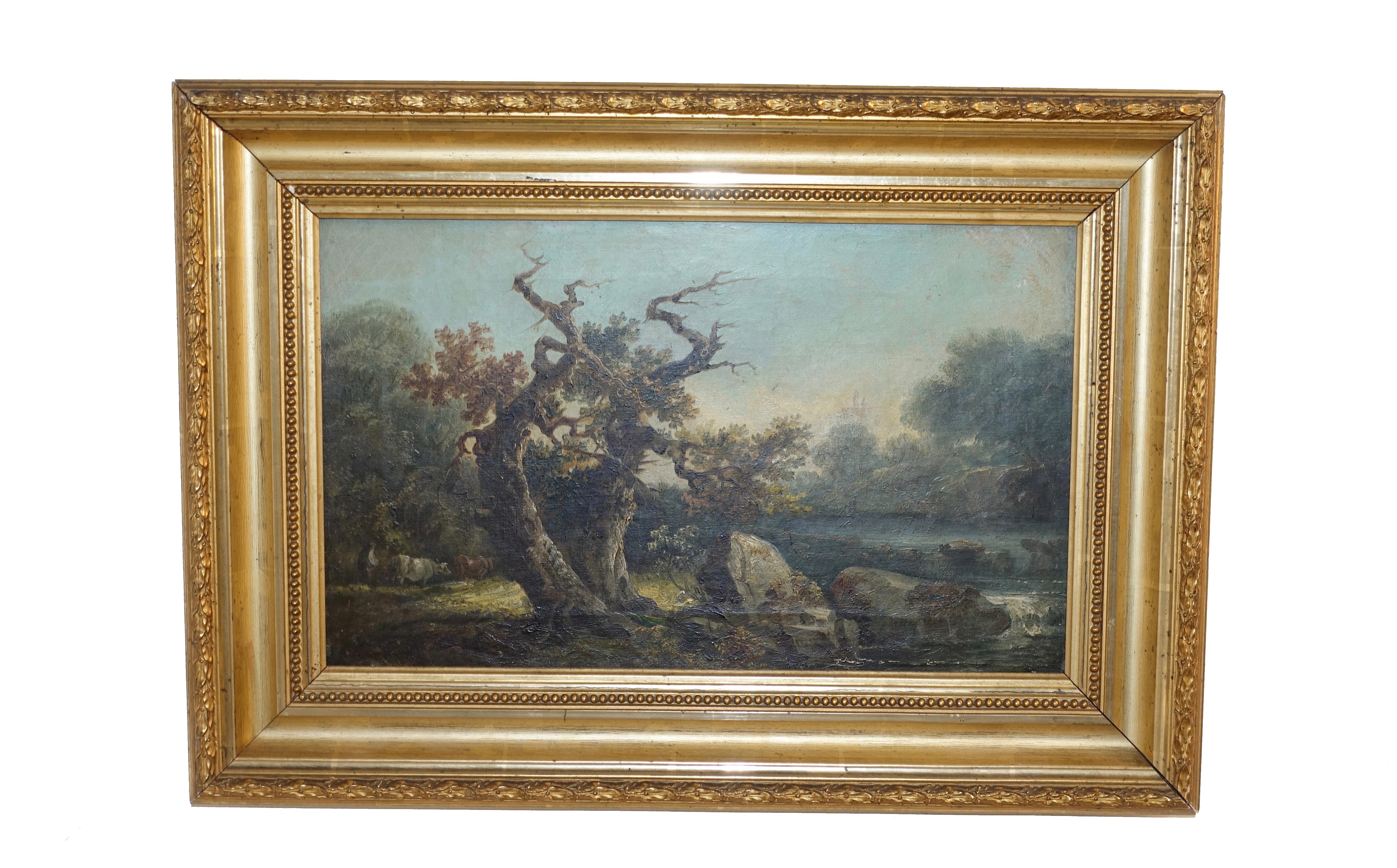 Gilt English Landscape Painting with Cows Grazing by Stream, 19th Century