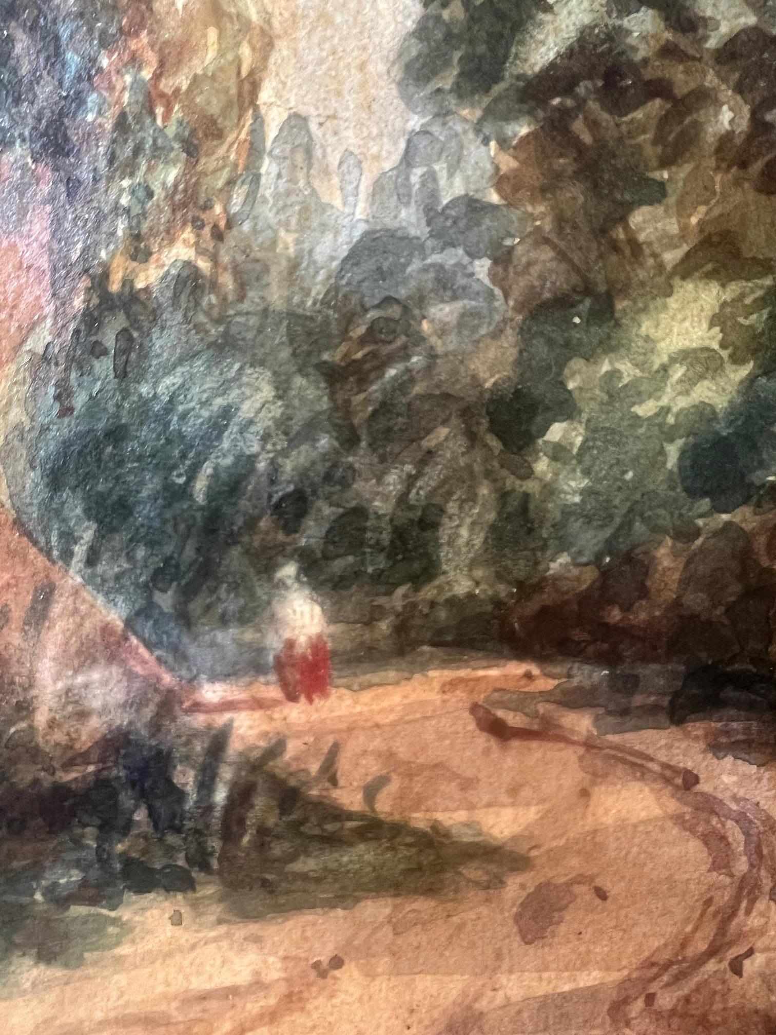 Paisaje inglés Acuarela, Firmada , c. 1855 Pintado a mano en venta