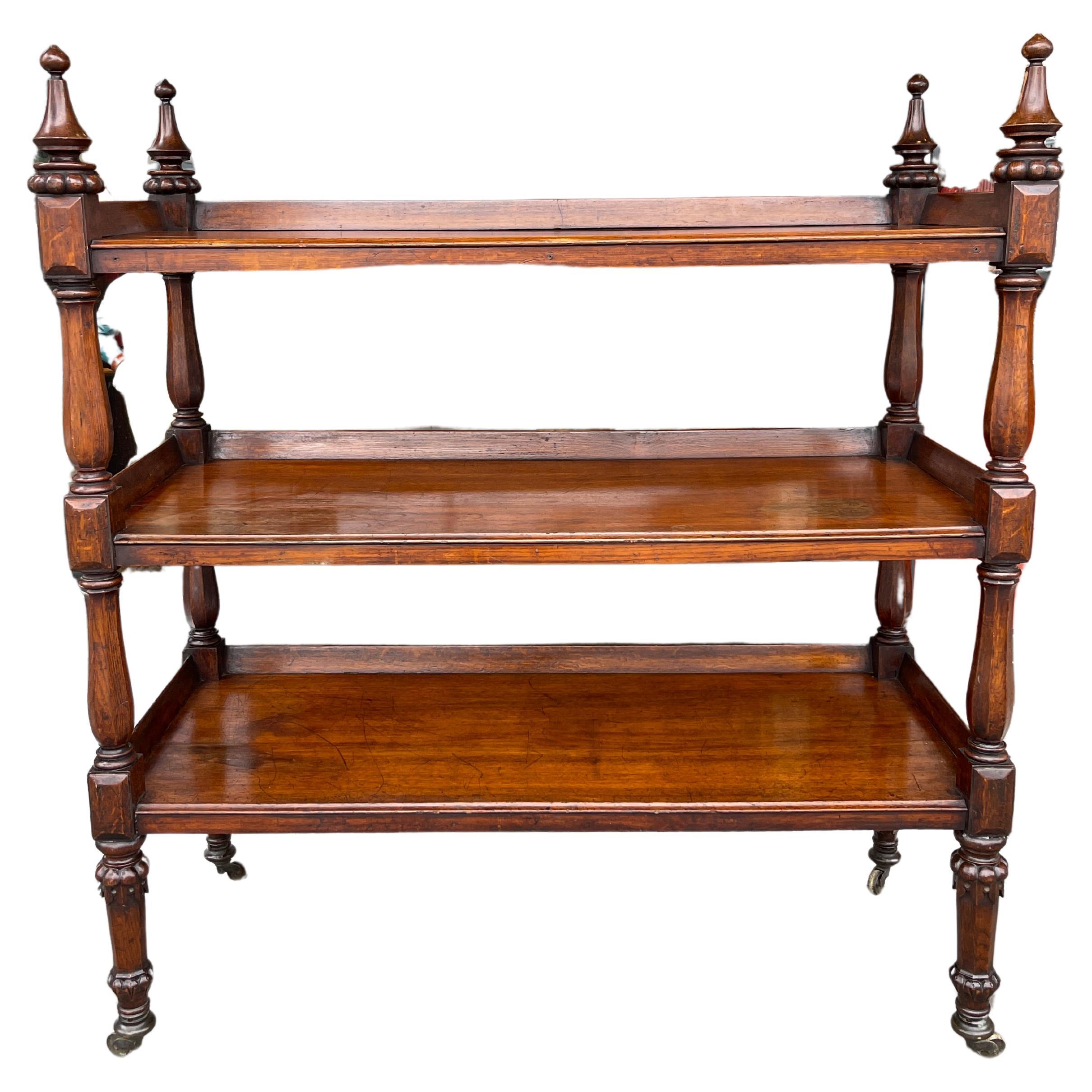 English large scale oak three tier trolley on casters  For Sale