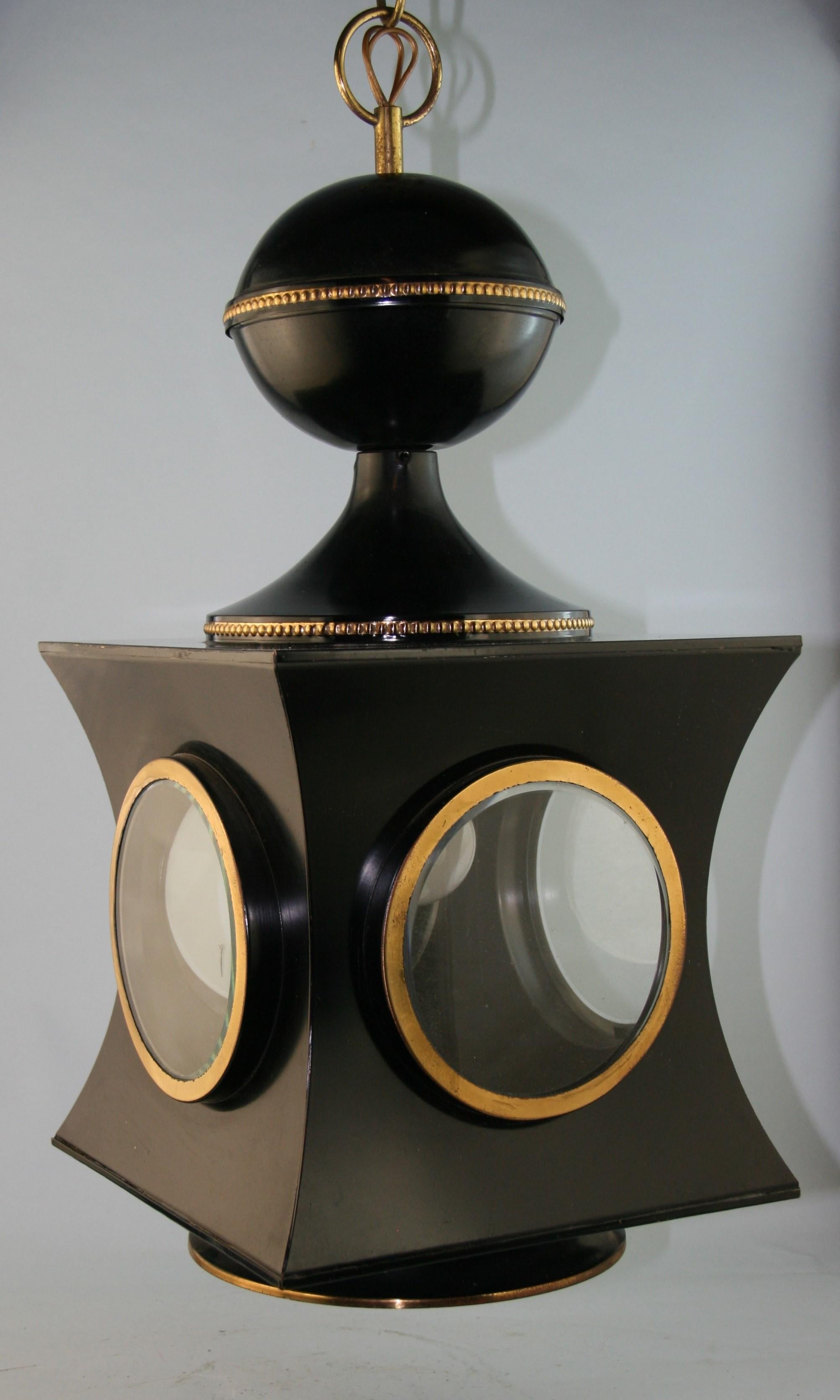 20th Century English Large Shaped Lantern with Five Beveled Glass Portals For Sale