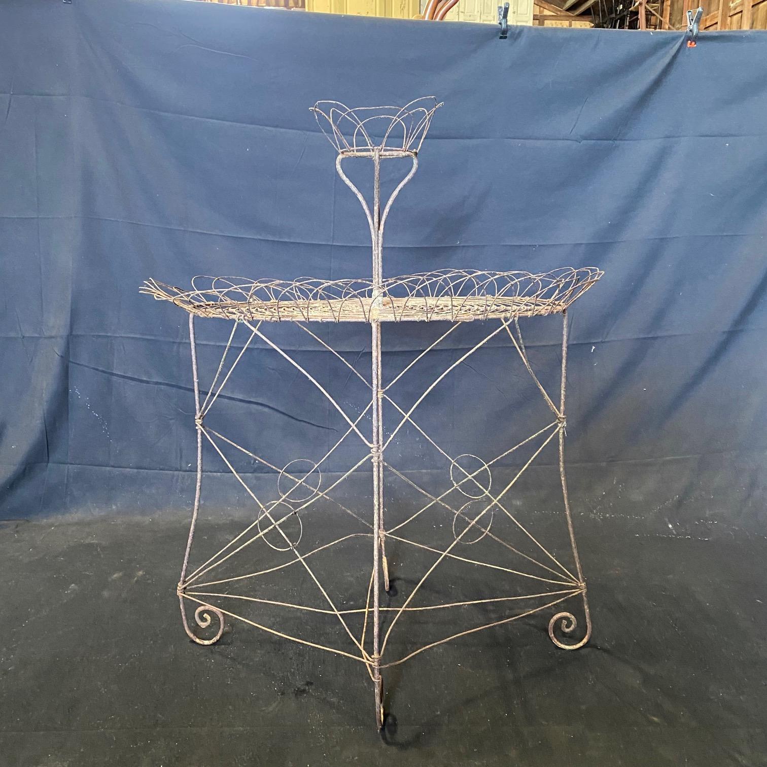 Lovely English Victorian white wire and iron two tier garden plant stand or jardiniere. The stand features an iron frame decorated with wire basket borders and 4 scrolled feet with a unique round 2 tier design, . Excellent joinery and craftsmanship