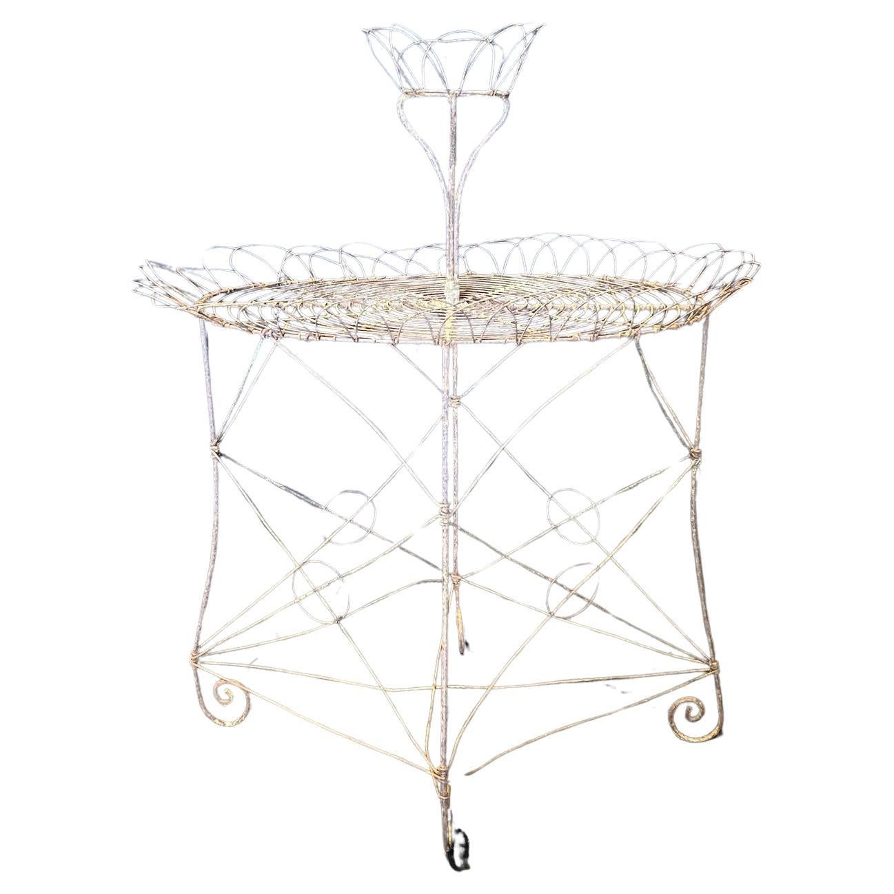 English Large Victorian White Wire and Metal Two Tier Iron Garden Plant Stand
