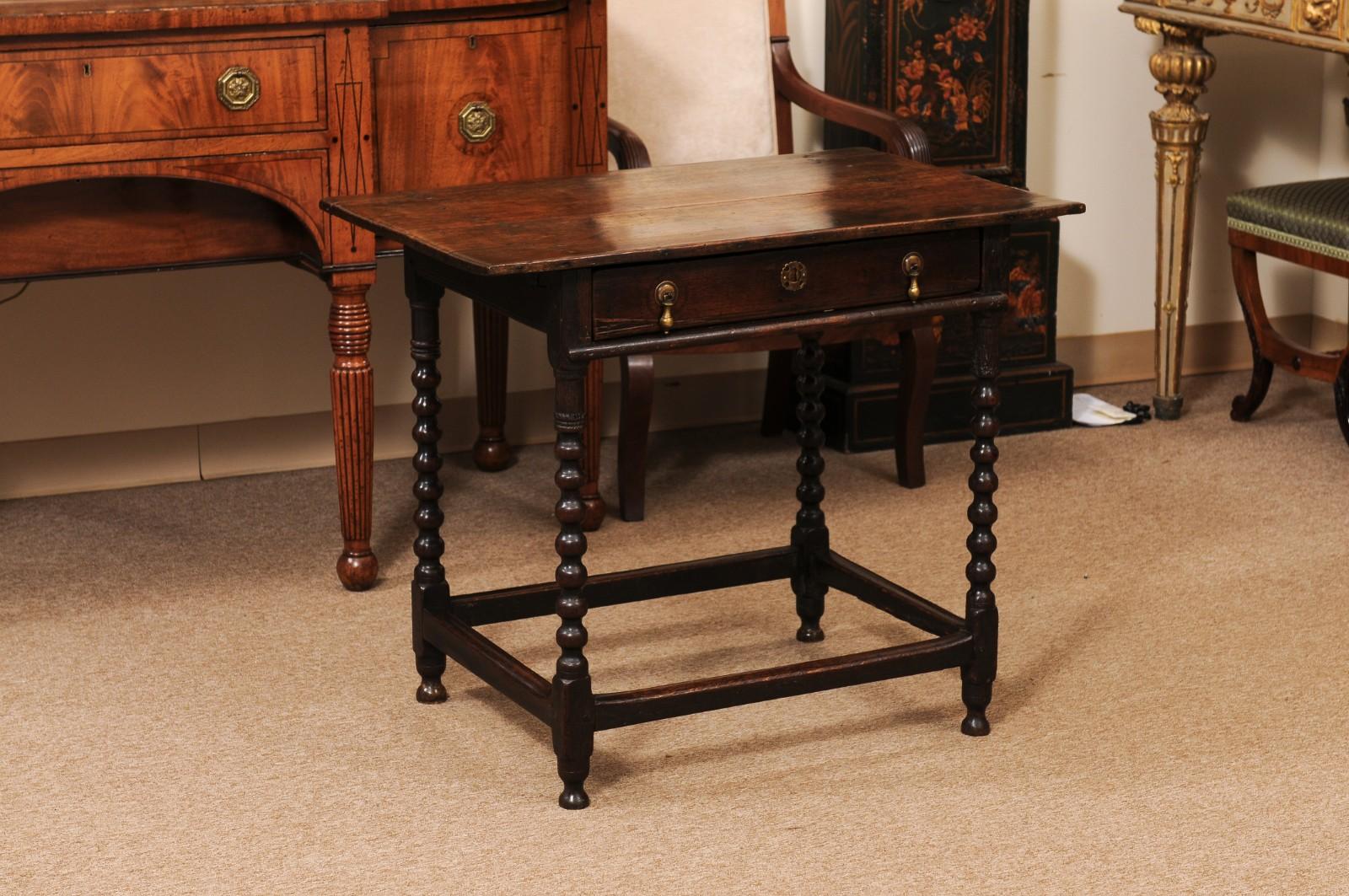English Late 17th Century Bobbin Turned Oak Side Table with Drawer and Box Stretcher