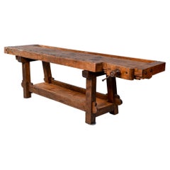 English Late 19th C Large Oak Work Bench Table