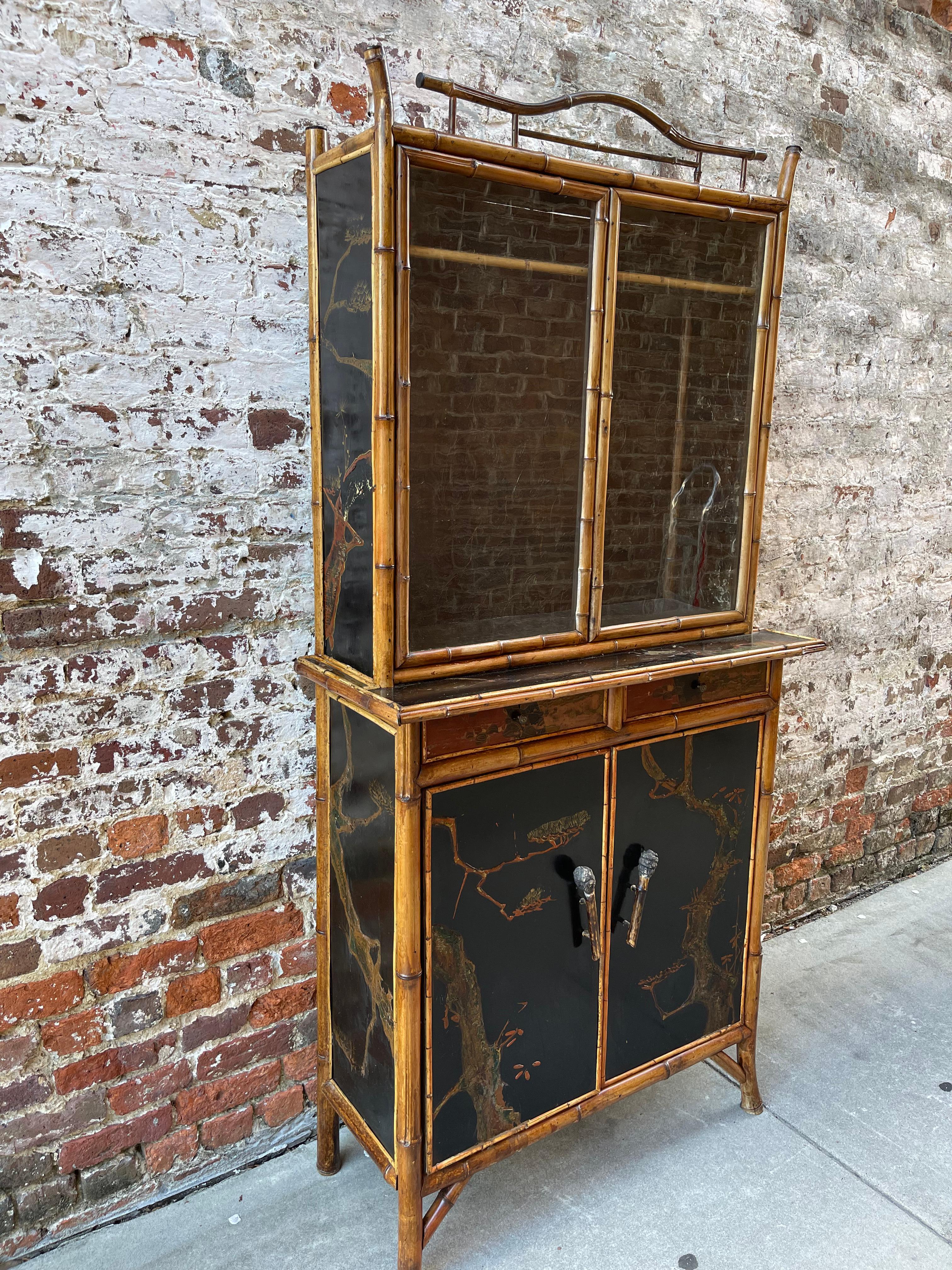 English Late 19th Century Bamboo Secretary with Hand Painted Panels, C.1890 In Good Condition In Charleston, SC