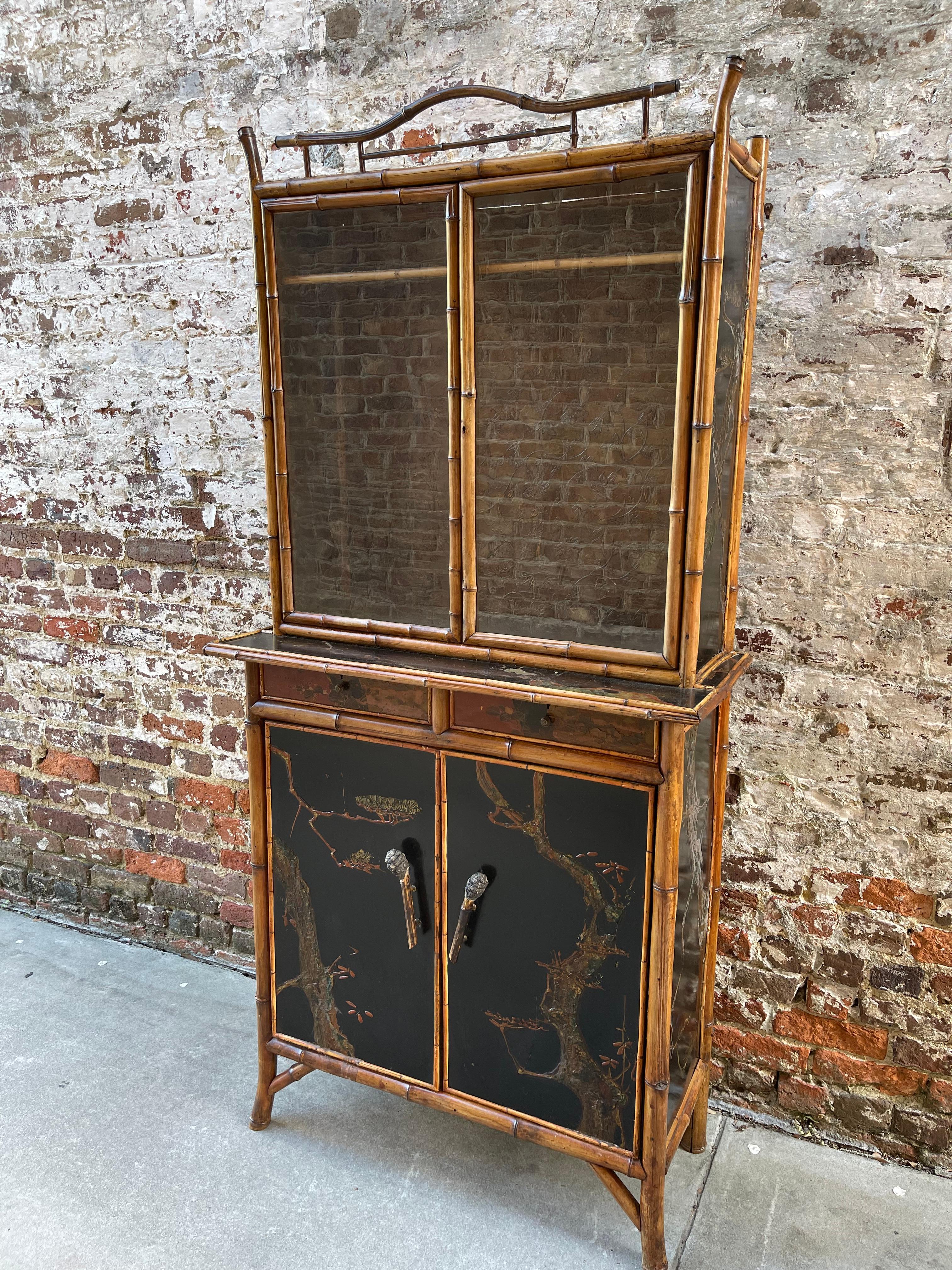 English Late 19th Century Bamboo Secretary with Hand Painted Panels, C.1890 1