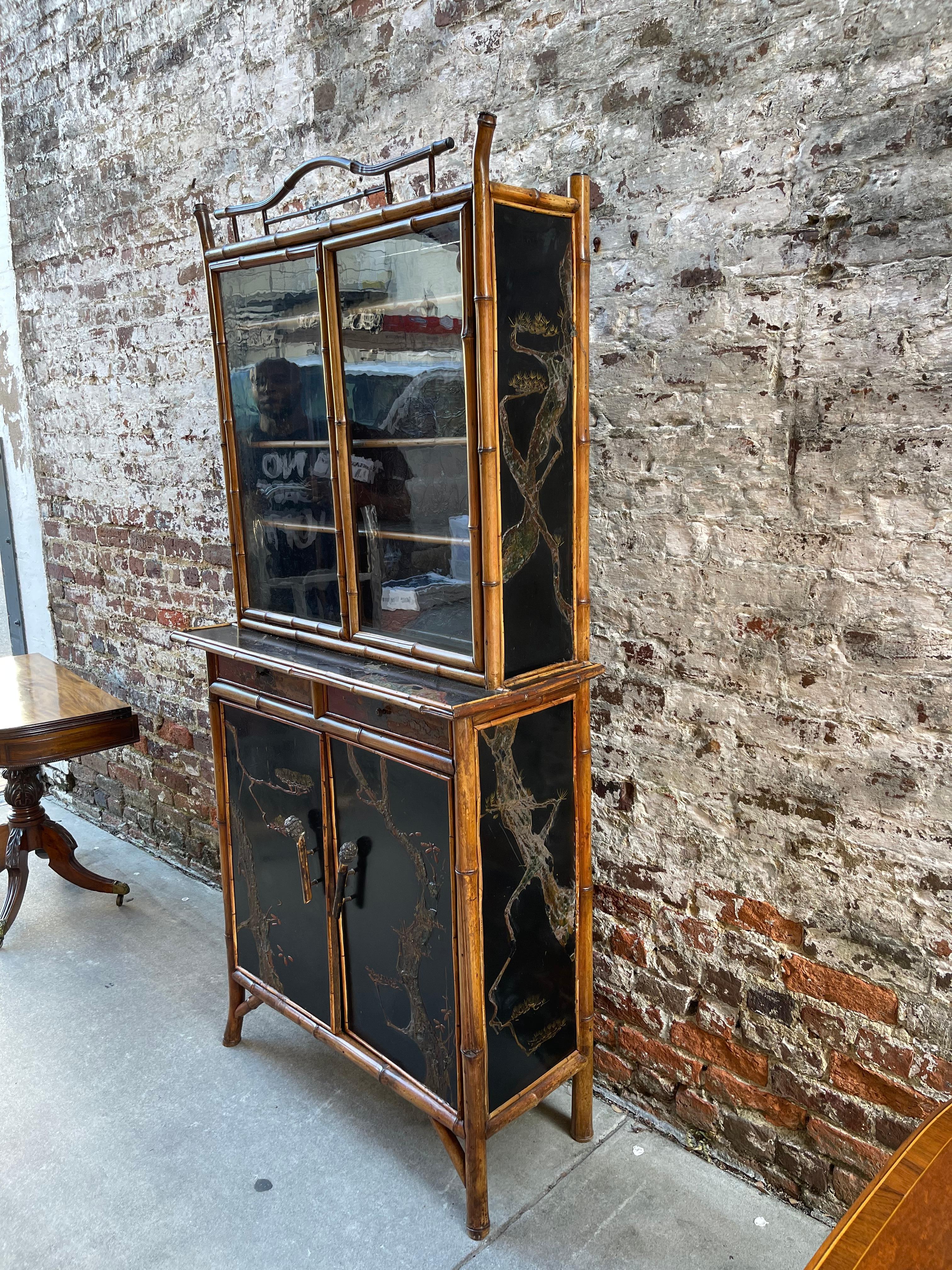 English Late 19th Century Bamboo Secretary with Hand Painted Panels, C.1890 4