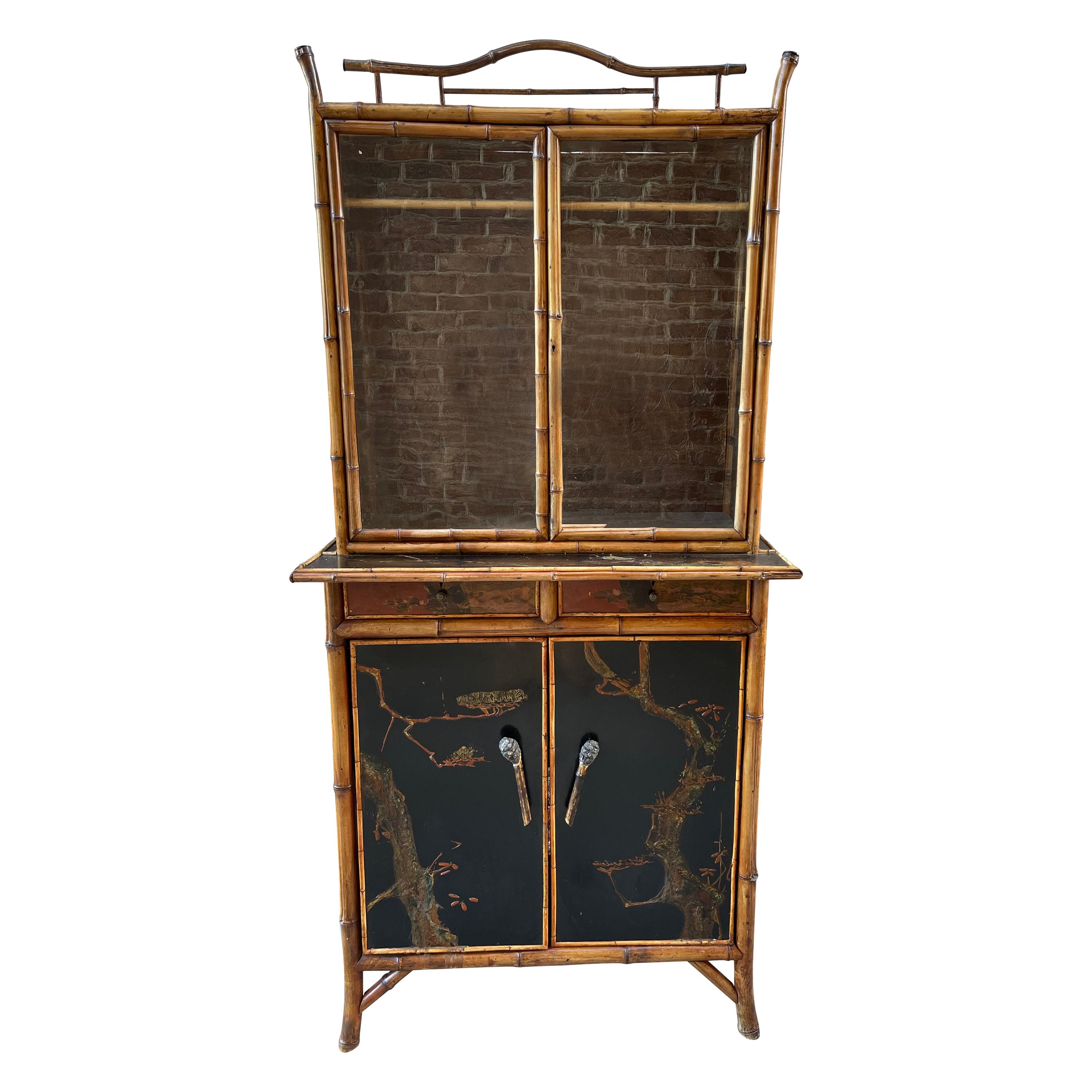 English Late 19th Century Bamboo Secretary with Hand Painted Panels, C.1890