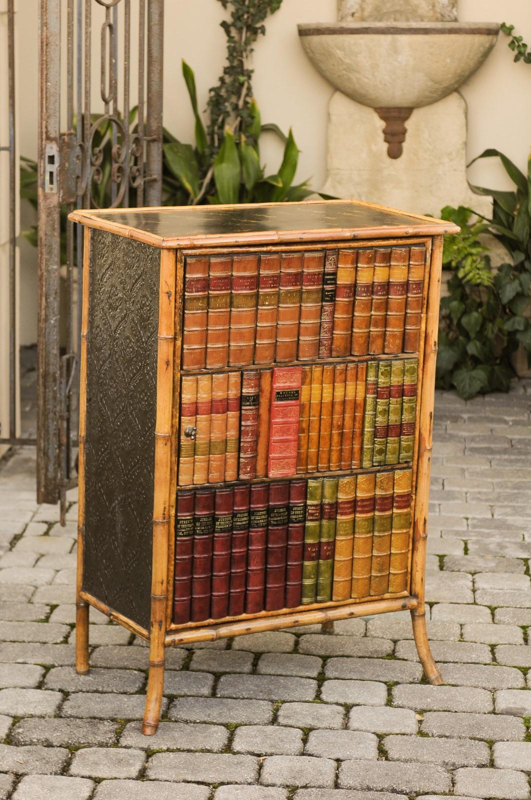 English Late 19th Century Bamboo Single-Door Cabinet with Faux Book Façade 1