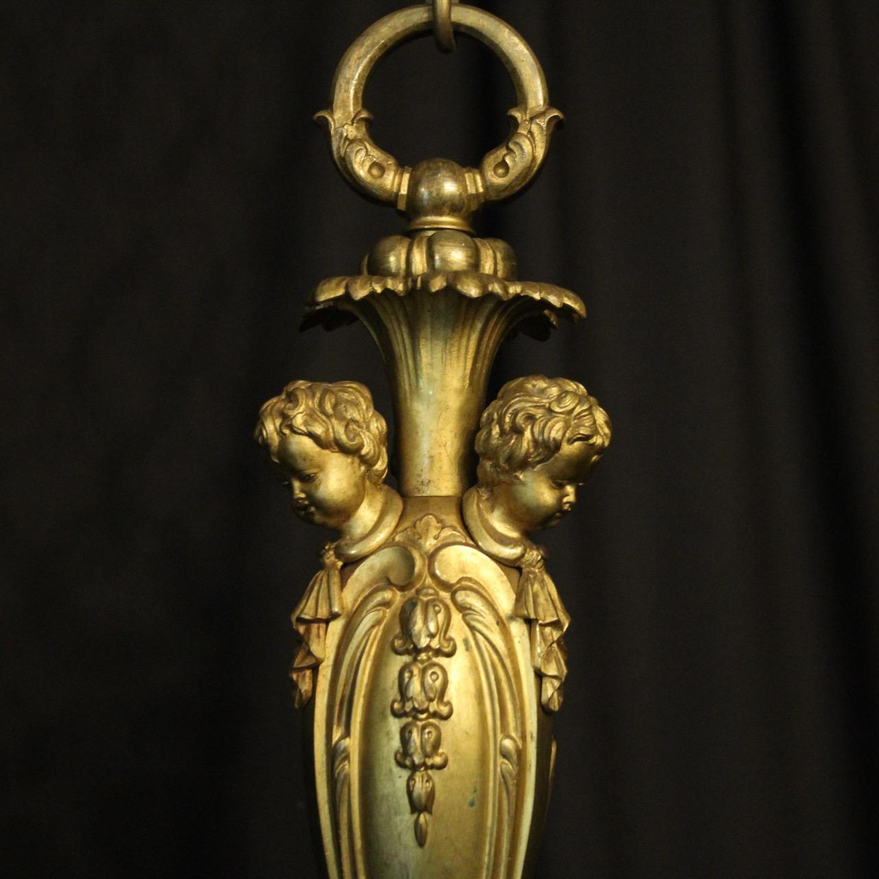 Gilt English Late 19th Century Gilded Cherub Bronze Eight-Light Antique Chandelier For Sale