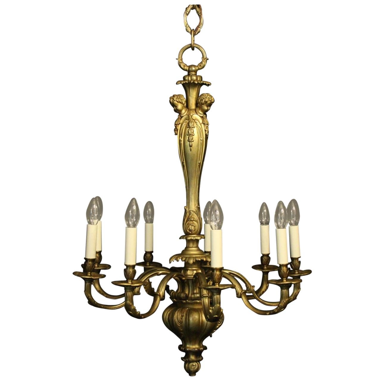 English Late 19th Century Gilded Cherub Bronze Eight-Light Antique Chandelier For Sale
