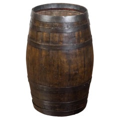 English Late 19th Century Oak Barrel with Iron Braces and Dark Patina