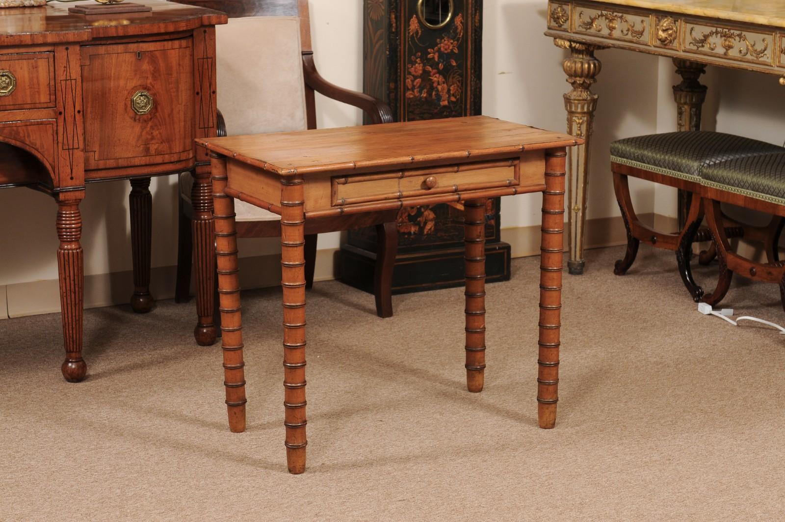 English Late 19th Century Pine Faux Bamboo Side Table with Drawer In Fair Condition For Sale In Atlanta, GA