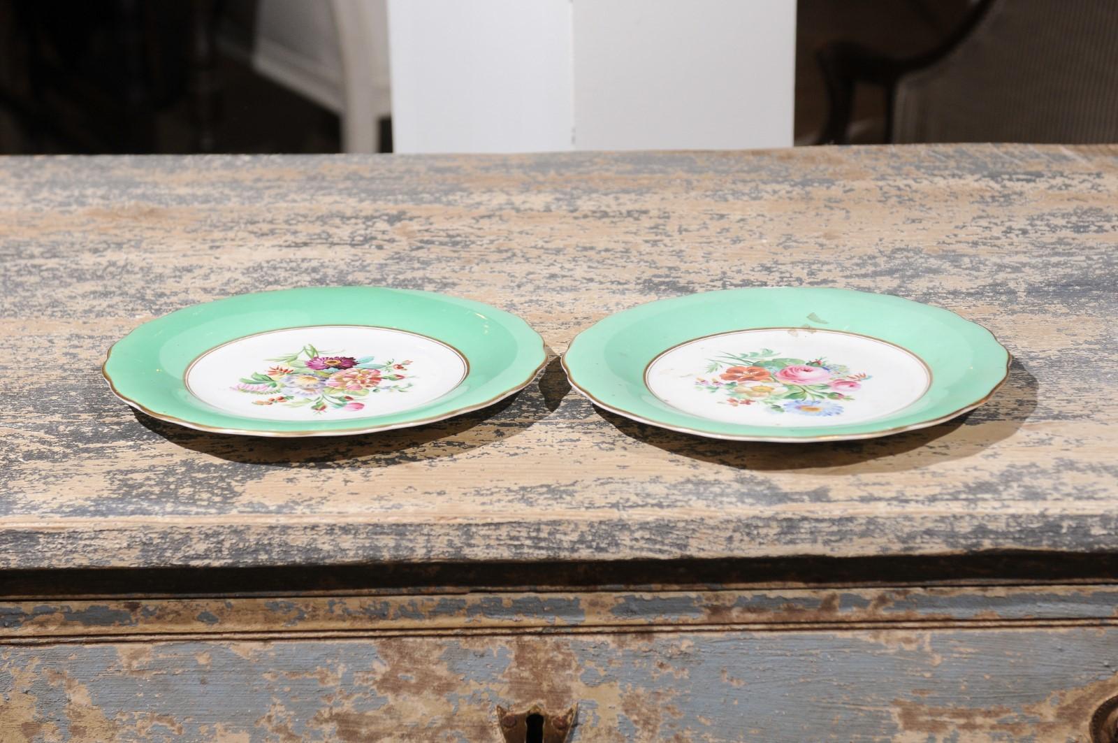 English Late 19th Century Plates with Colorful Floral Décor, Green and Gold Trim 3