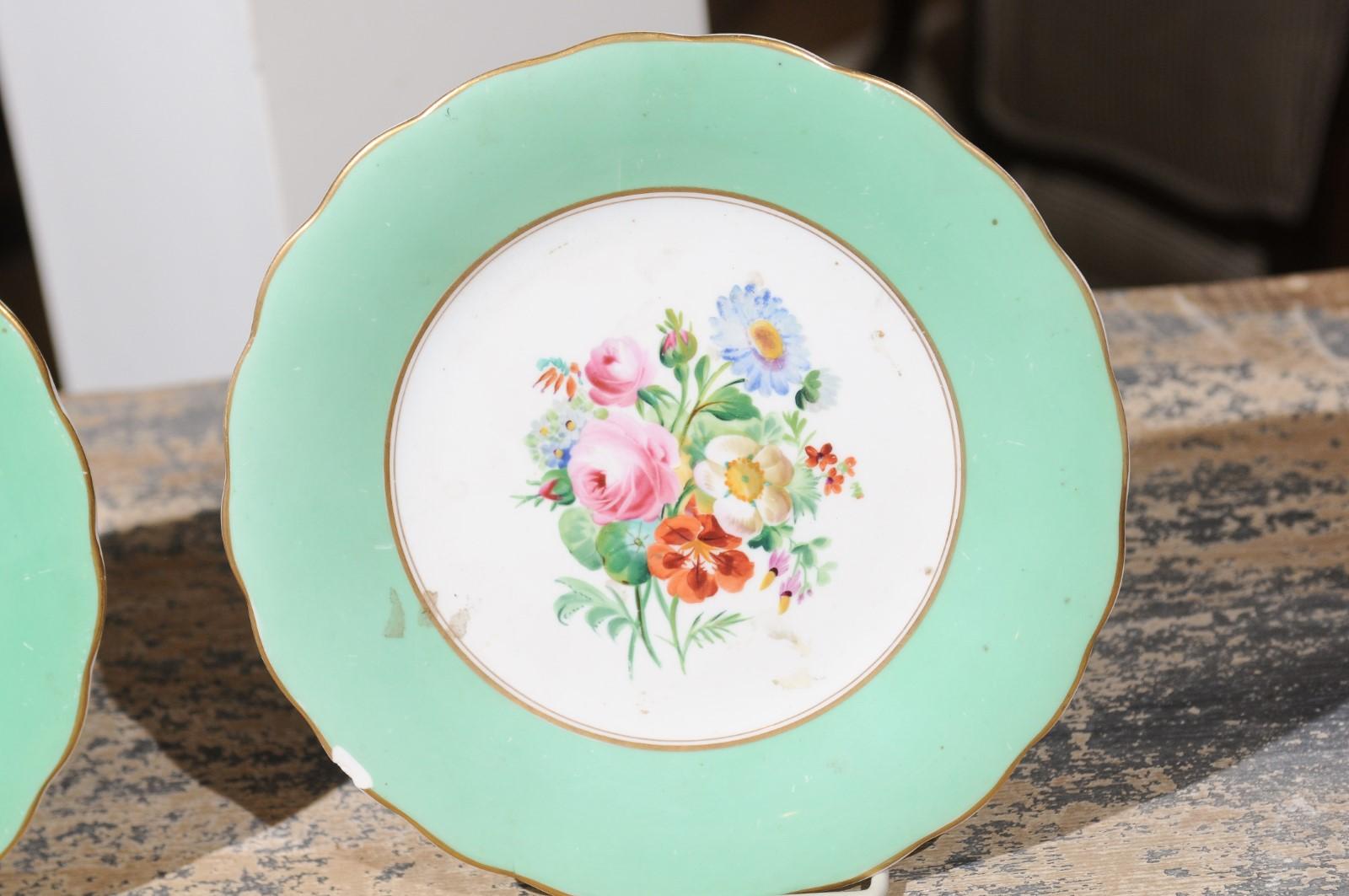 Late Victorian English Late 19th Century Plates with Colorful Floral Décor, Green and Gold Trim