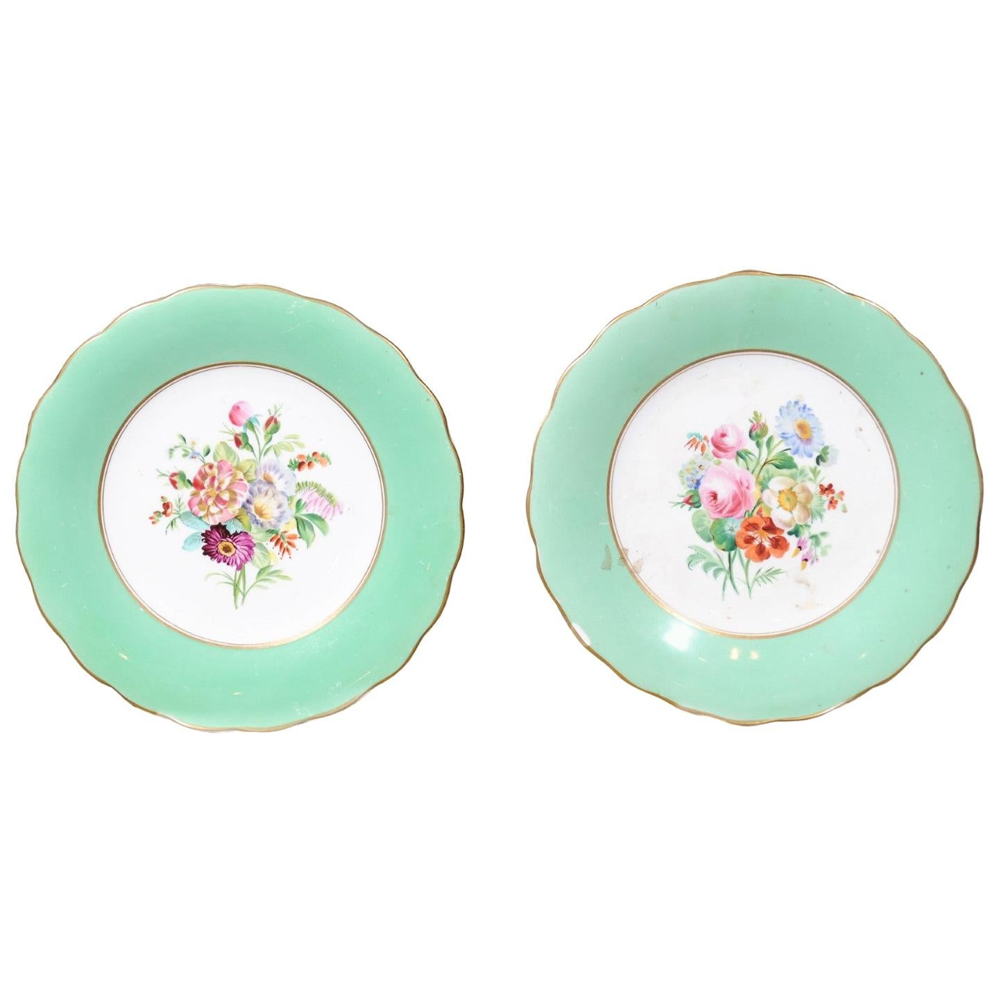 English Late 19th Century Plates with Colorful Floral Décor, Green and Gold Trim