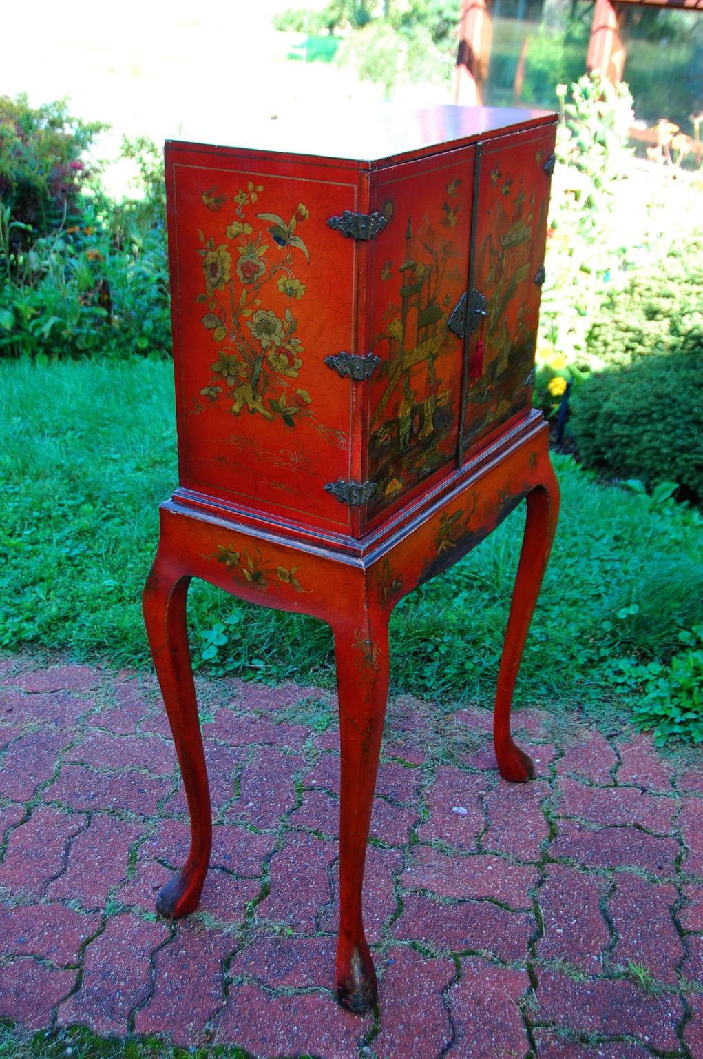 Wood English Late 19th Century Red Chinoiserie Cabinet on Original Cabriole Leg Stand