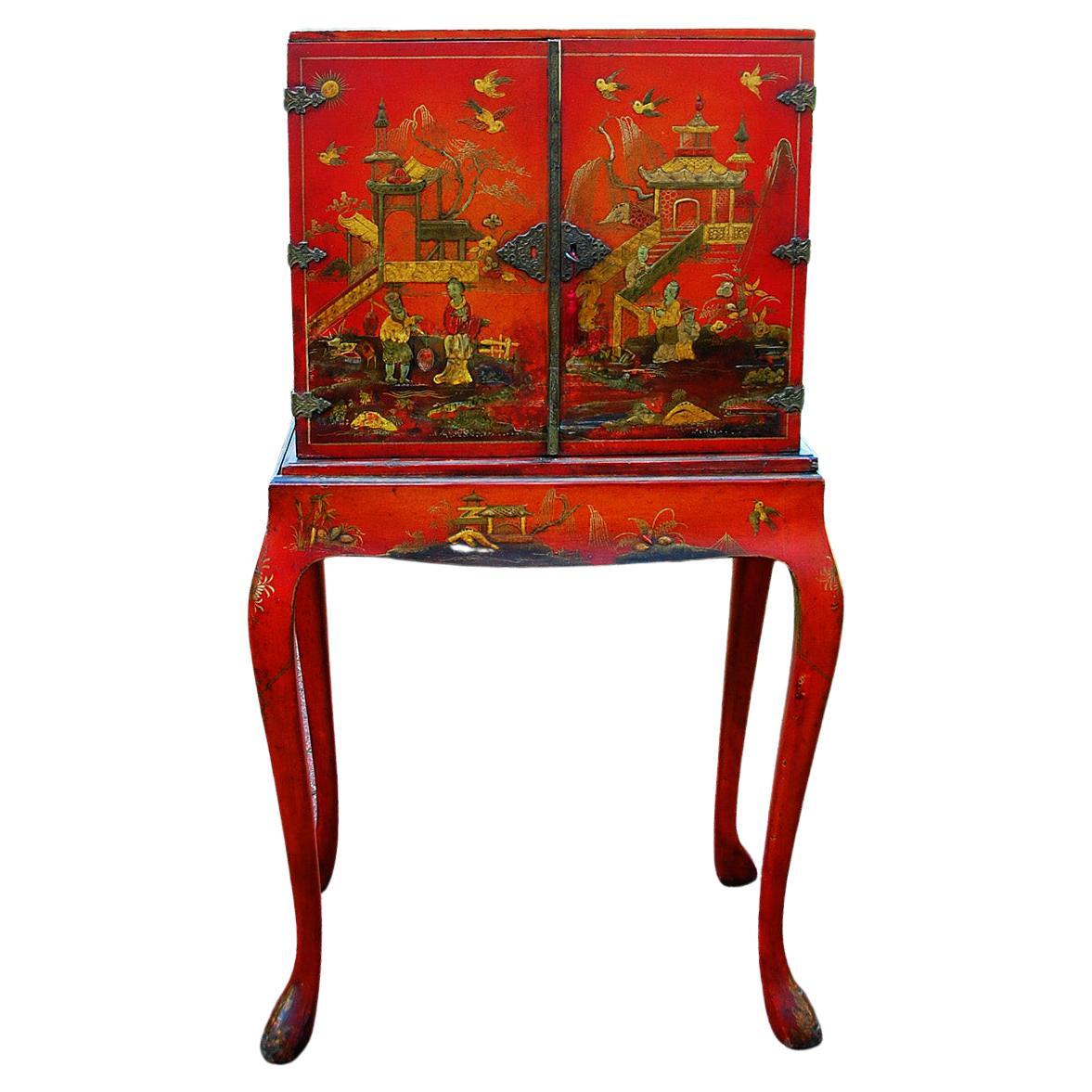 English Late 19th Century Red Chinoiserie Cabinet on Original Cabriole Leg Stand