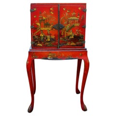 Antique English Late 19th Century Red Chinoiserie Cabinet on Original Cabriole Leg Stand