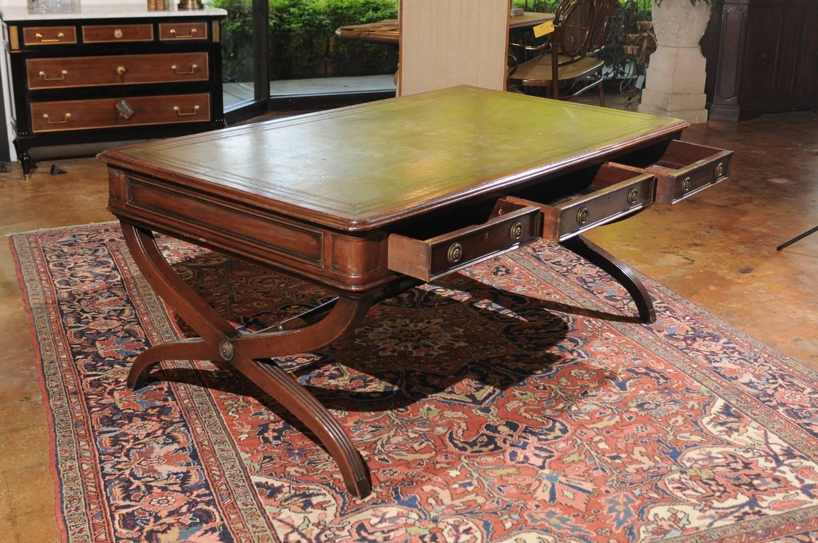 English Late 19th Century Regency Style Mahogany Partners Desk with X-Form Base 6