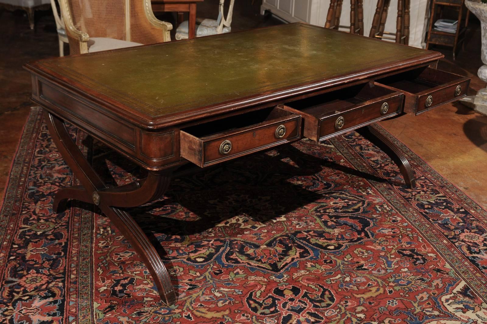 English Late 19th Century Regency Style Mahogany Partners Desk with X-Form Base 1