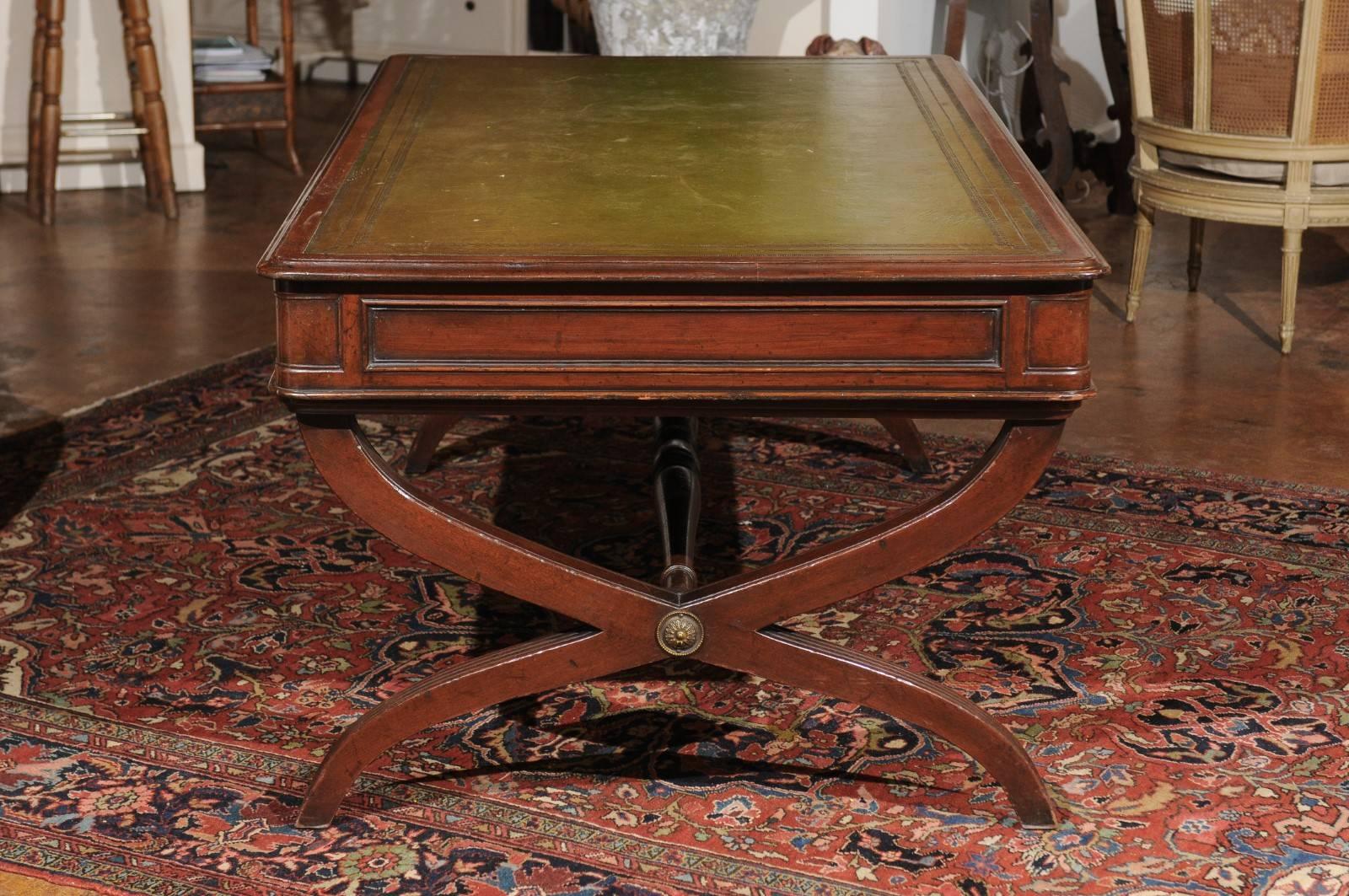 English Late 19th Century Regency Style Mahogany Partners Desk with X-Form Base 4