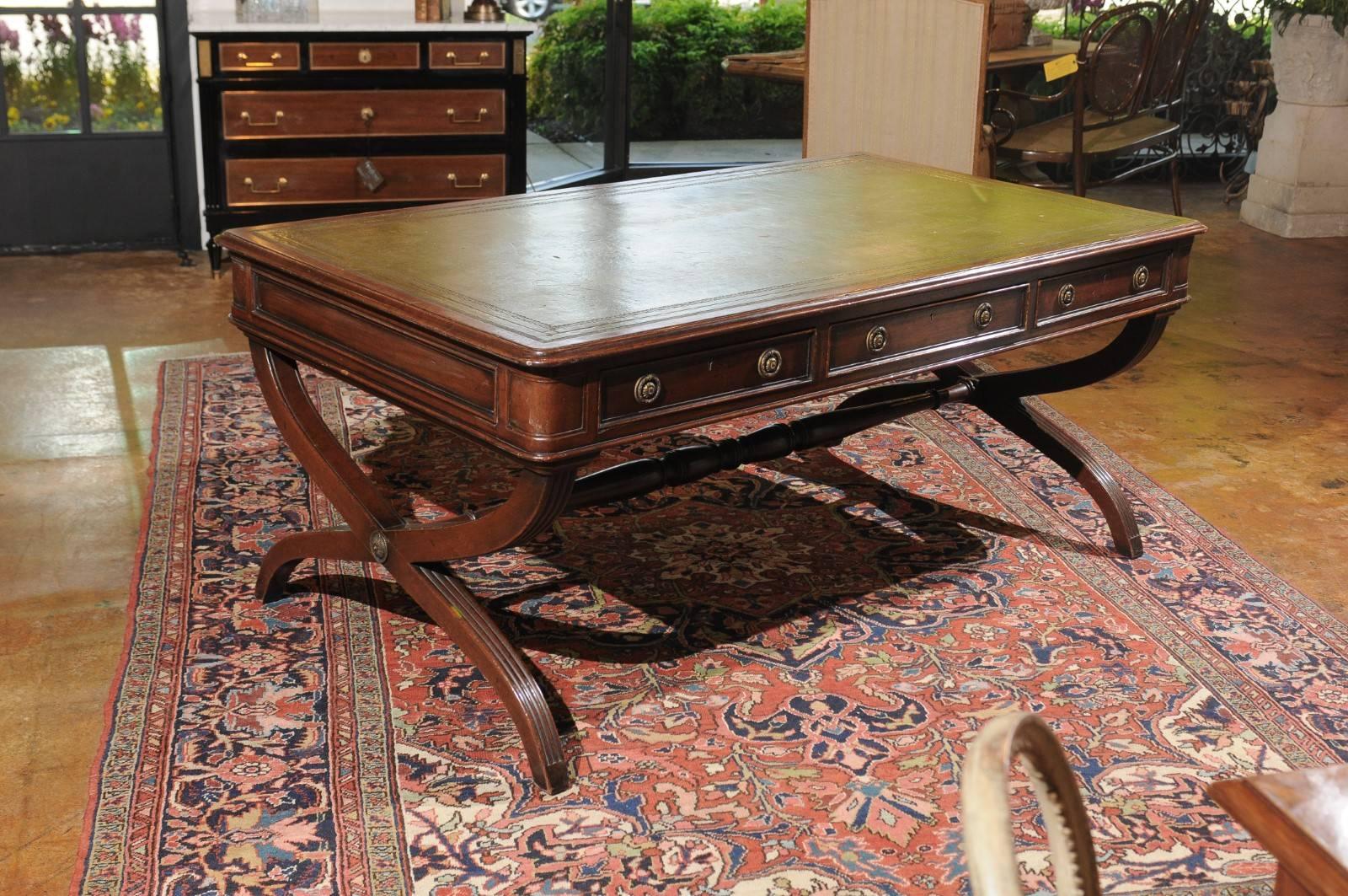 English Late 19th Century Regency Style Mahogany Partners Desk with X-Form Base 5