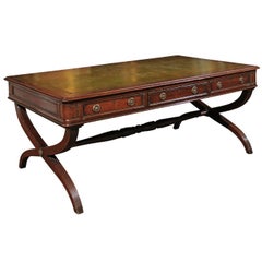 English Late 19th Century Regency Style Mahogany Partners Desk with X-Form Base