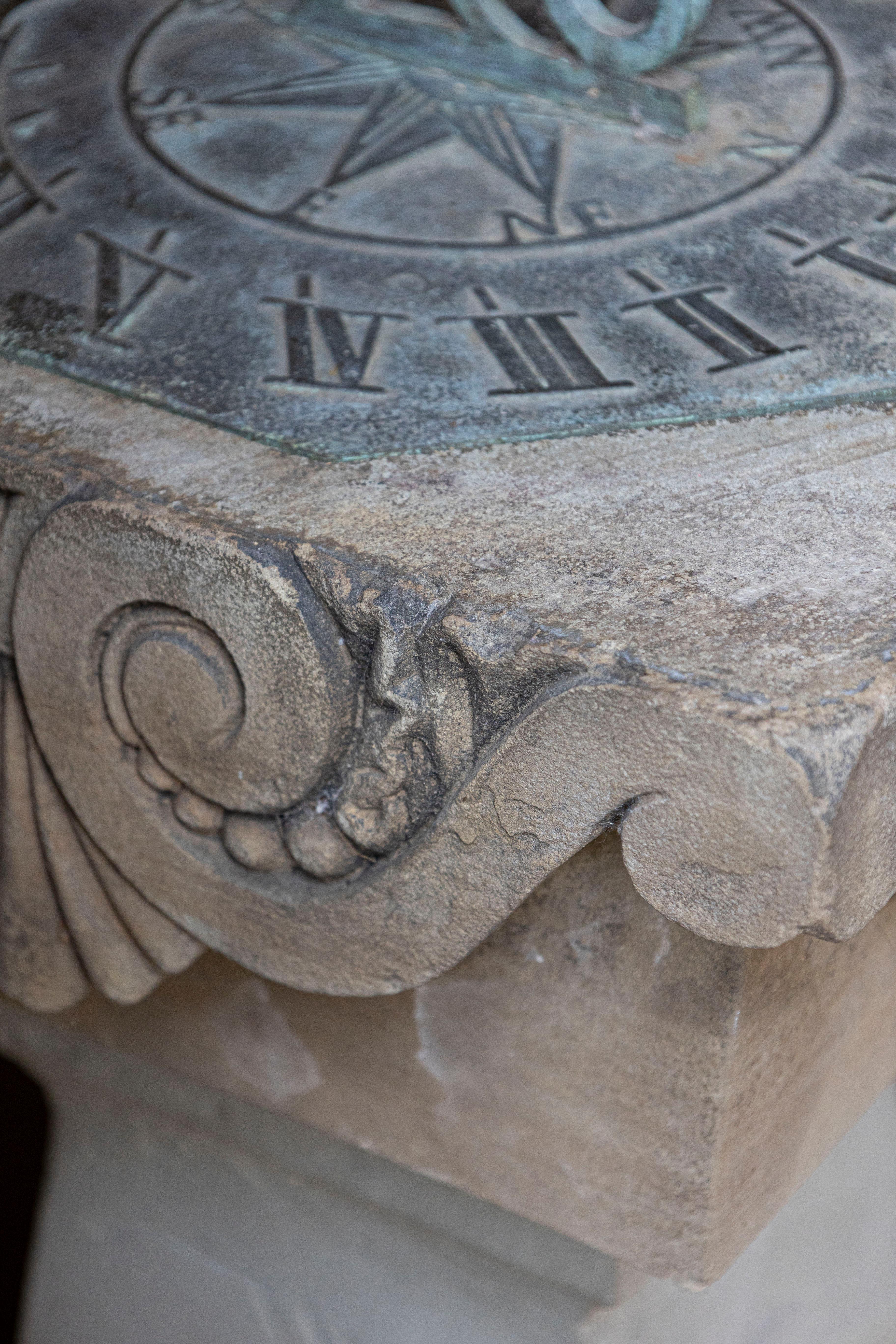 English Late 19th Century Sundial with Carved Limestone and Bronze Top In Good Condition For Sale In Atlanta, GA