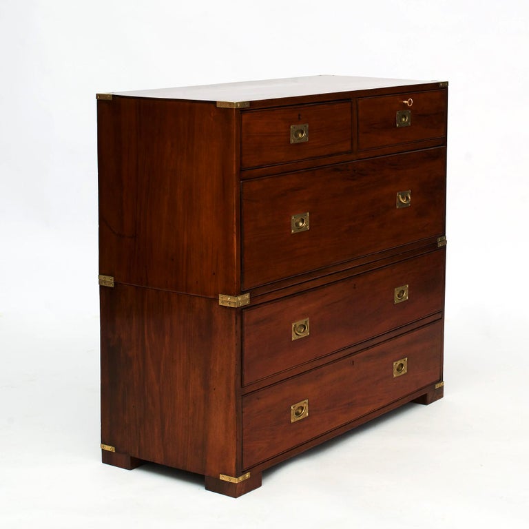 English Late 19th Century Teak Wood Campaign Military Chest of Drawers