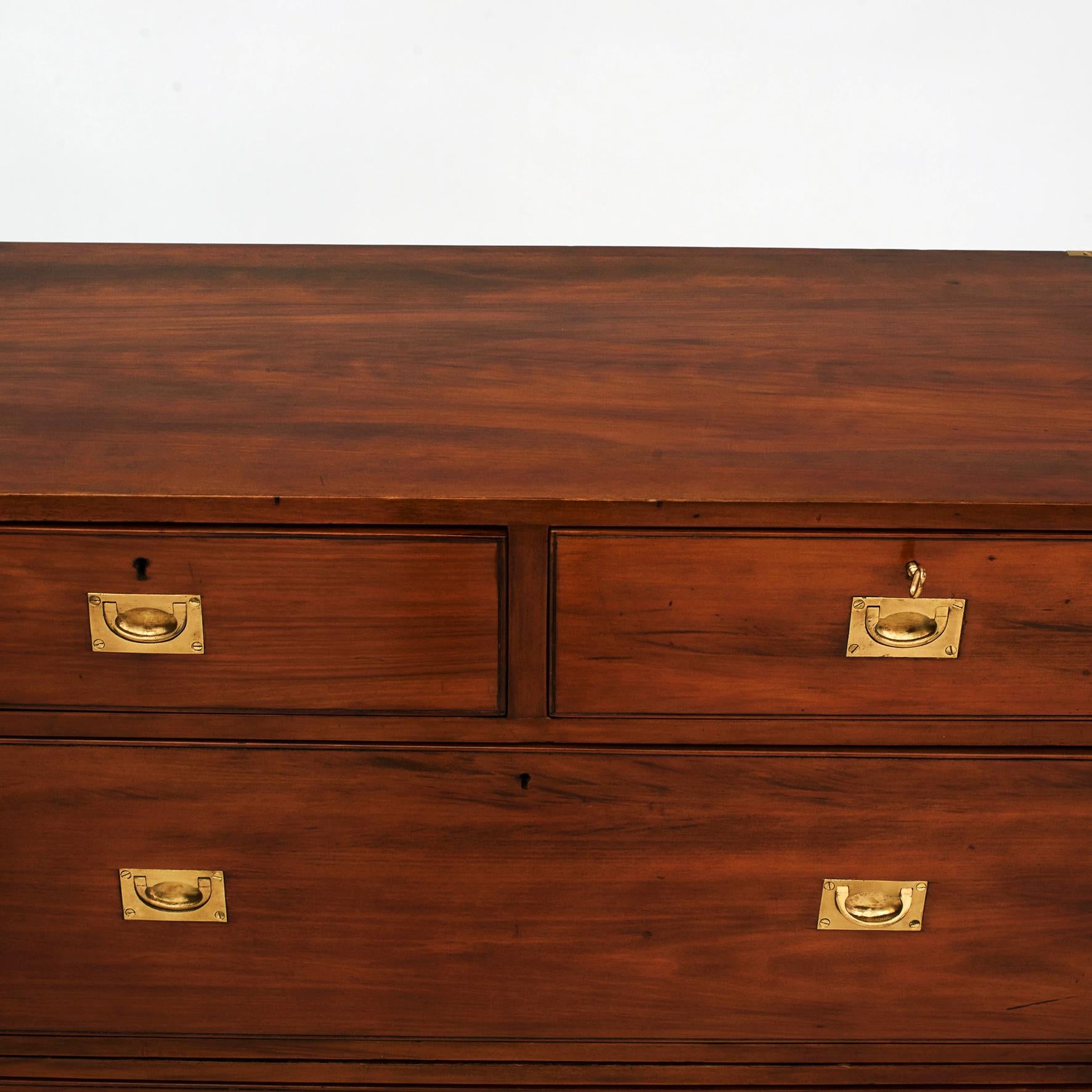 Brass English Late 19th Century Teak Wood Campaign Military Chest of Drawers